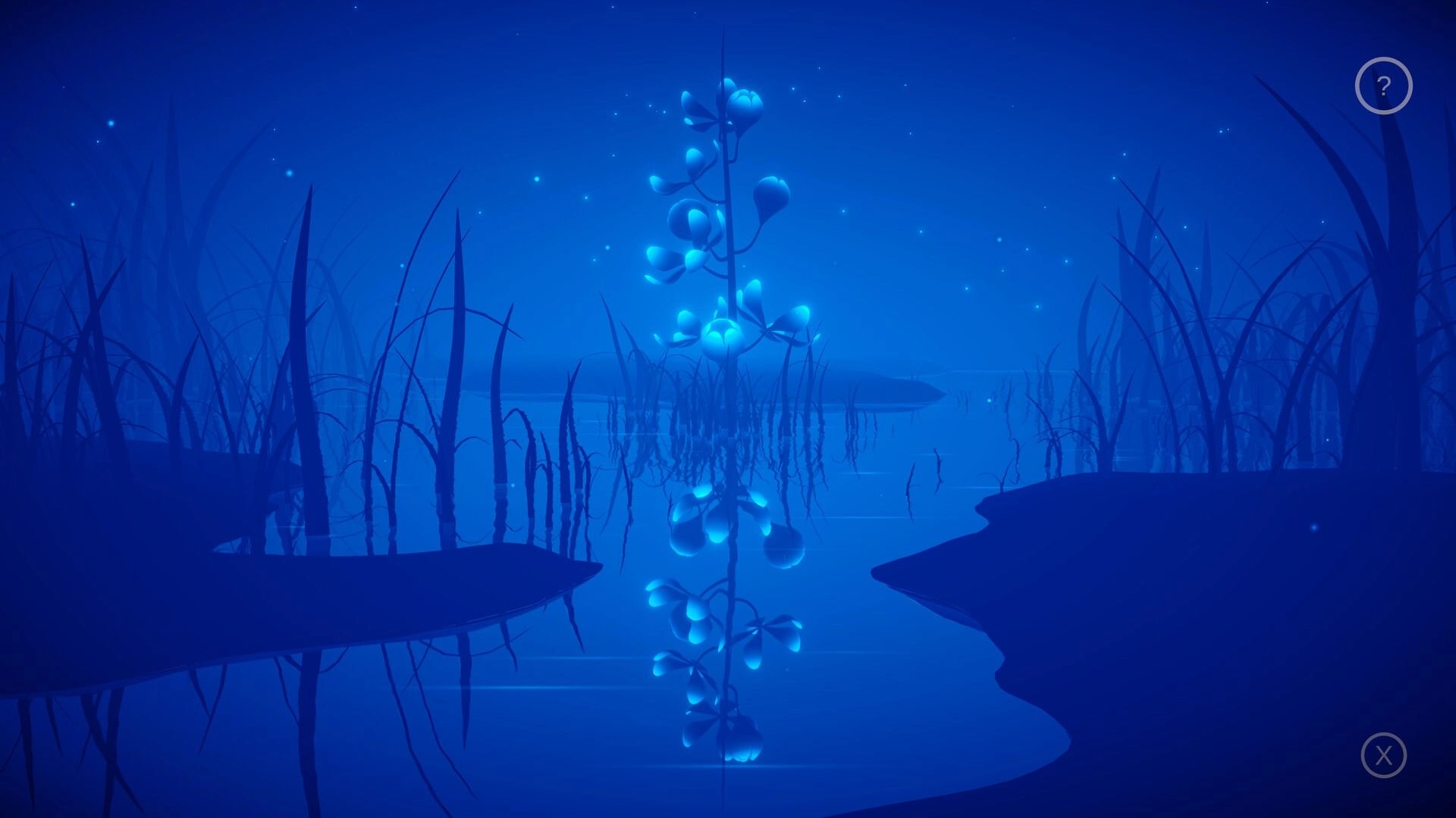 Mirria: Glowing plant with mirrored reflection in serene, dreamlike blue landscape with tall grasses