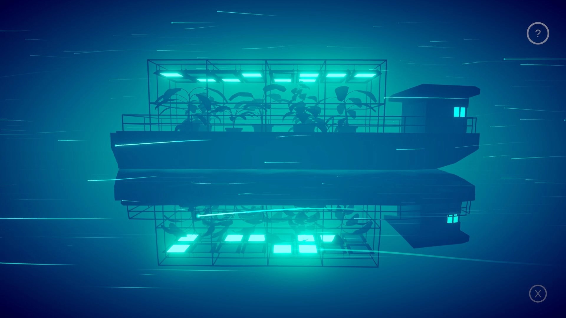 Mirria: Floating greenhouse boat reflecting on water in a surreal, dreamlike blue environment