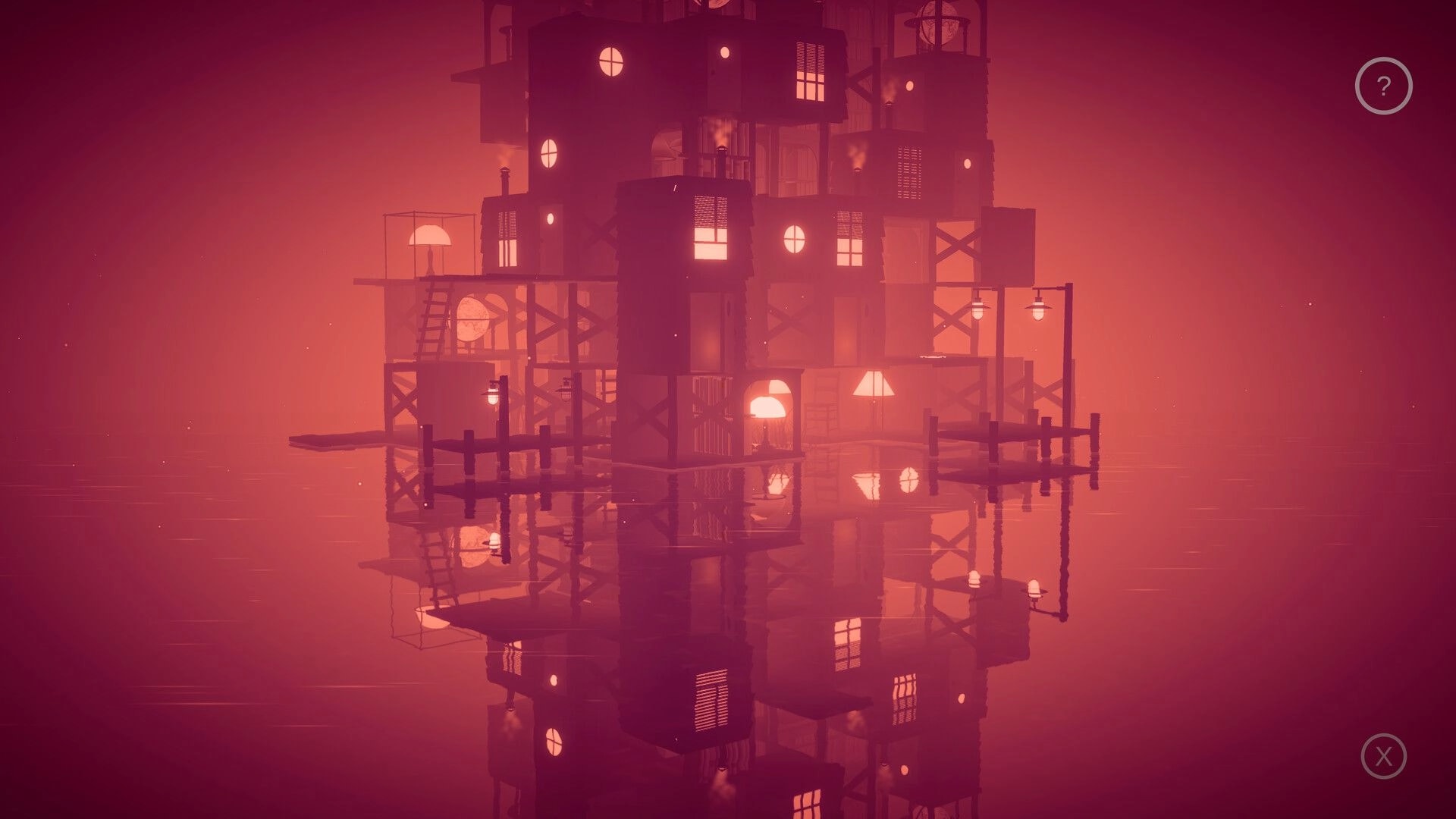 Mirria: Atmospheric reflection of a mysterious multi-level structure on calm water in a red-hued world