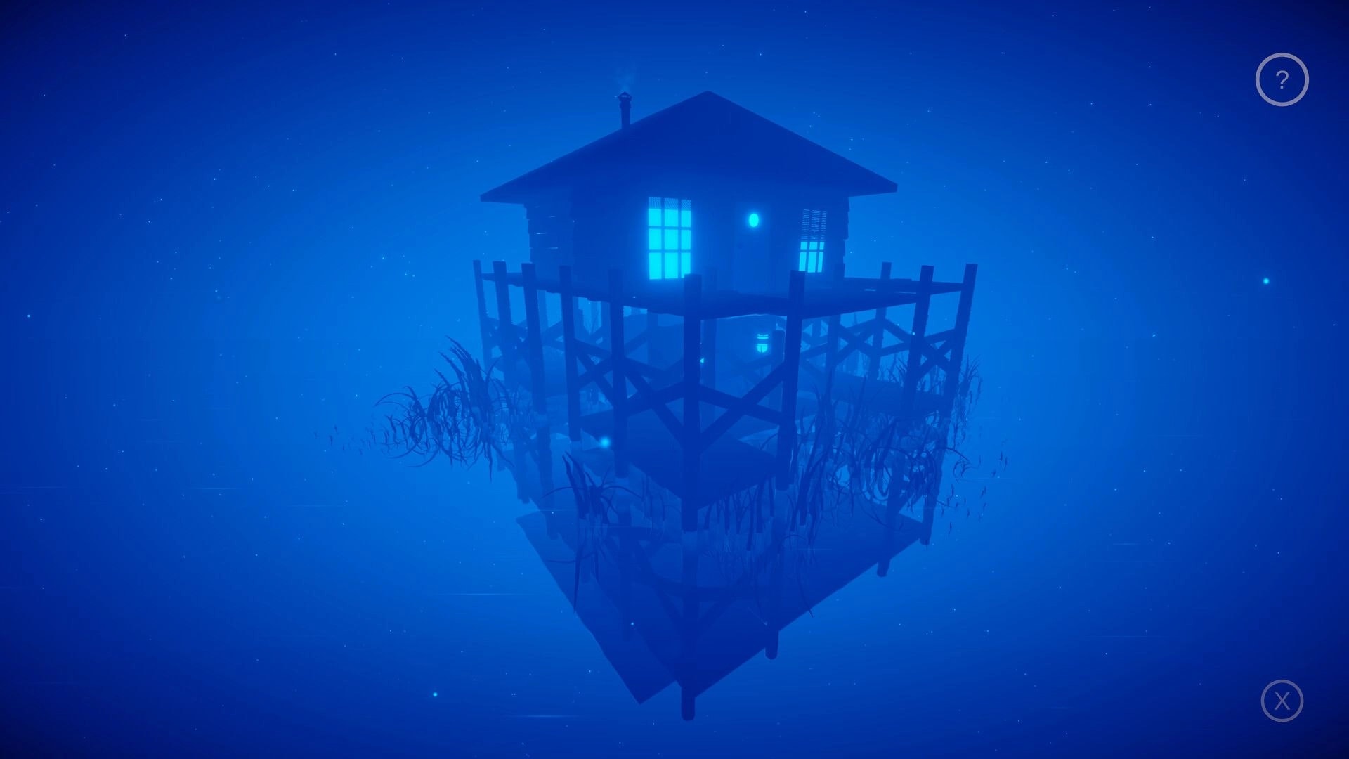 Mirria: Floating house on stilts with glowing windows in a mysterious, foggy blue night environment