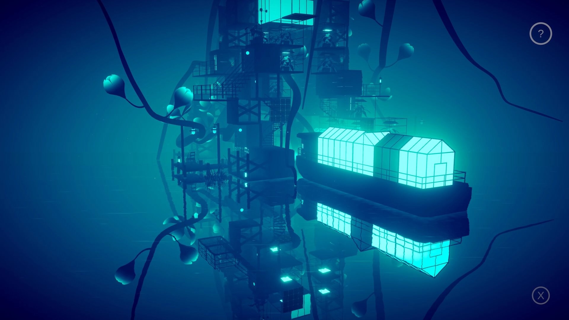 Mirria: Illuminated greenhouse structure reflected in a surreal, underwater dreamscape with floating vines