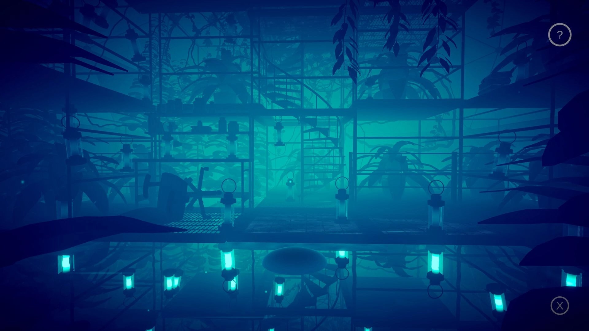 Mirria: Blue-lit greenhouse interior with hanging lanterns and spiral staircase in mirrored world