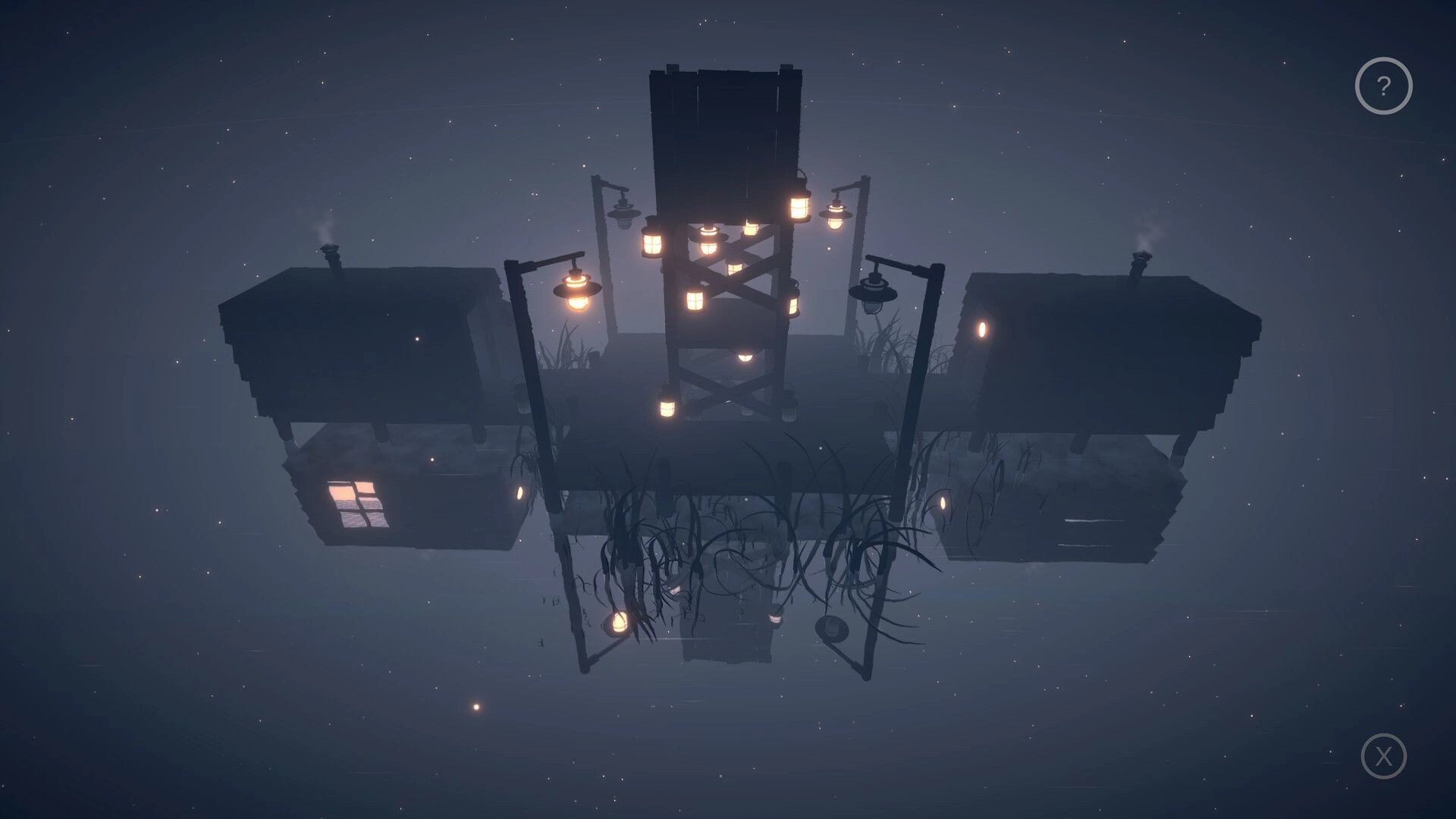 Mirria: Suspenseful platform scene with illuminated lamps and shadowy houses in a misty, mirrored world.