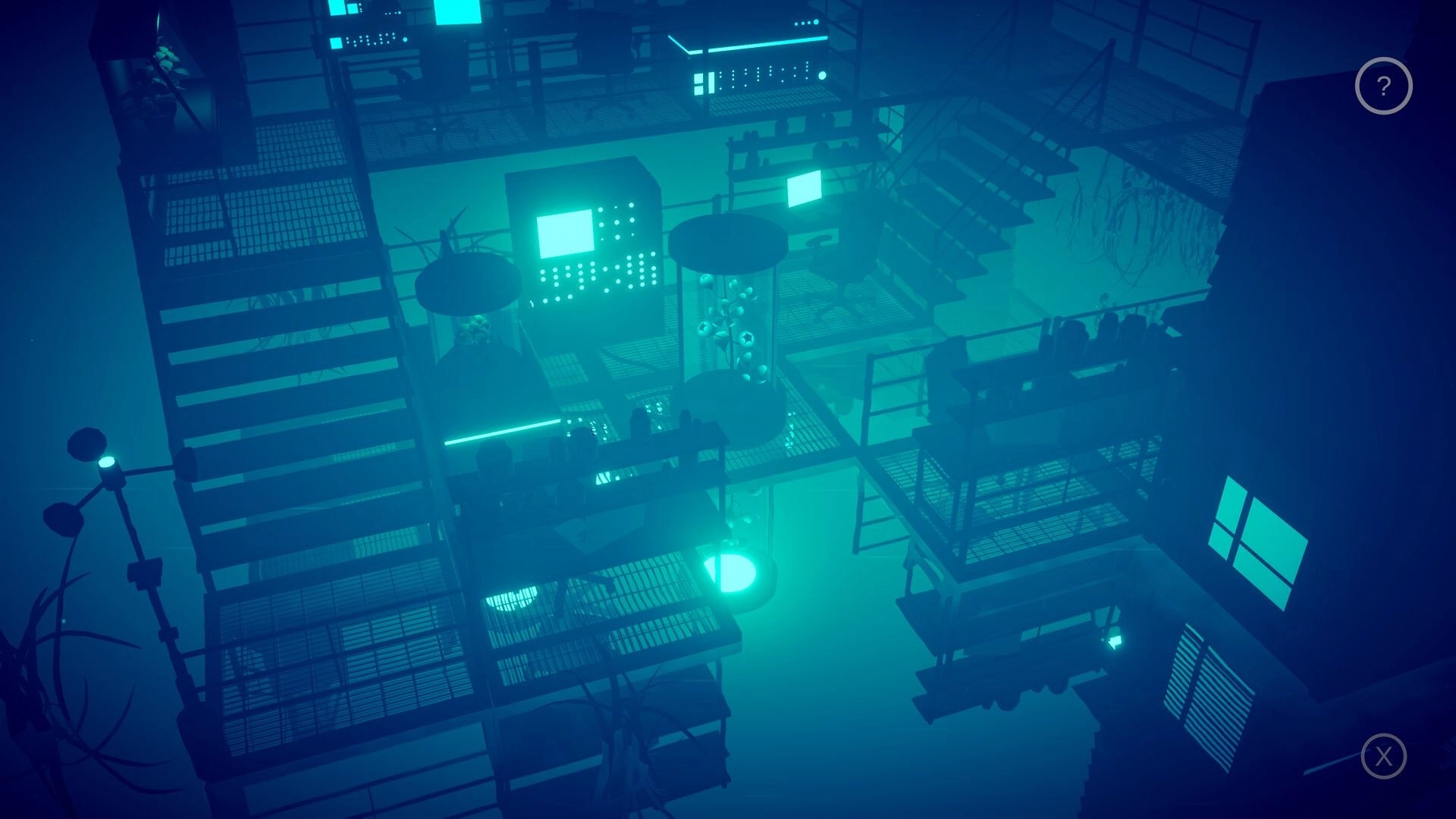 Mirria: Exploring dimly lit industrial facility with glowing consoles and staircases in eerie blue light