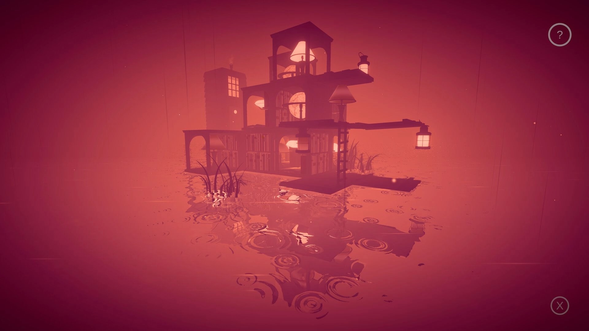 Mirria: Floating multi-level structure with glowing lights reflected in calm water, surreal atmosphere