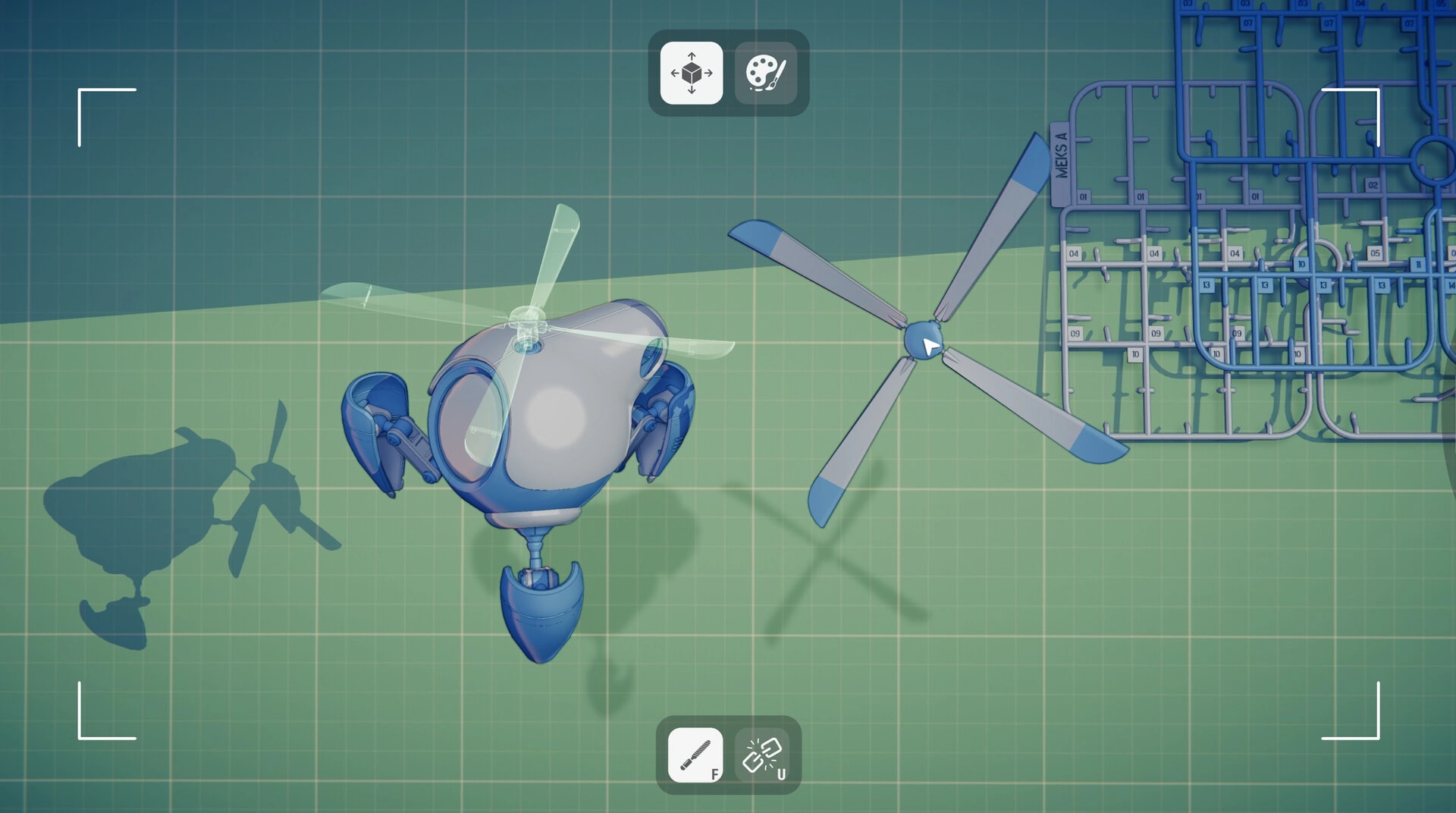 Model Kit Studio: Assembling a blue drone body and rotor on a gridded workbench with sprue parts.