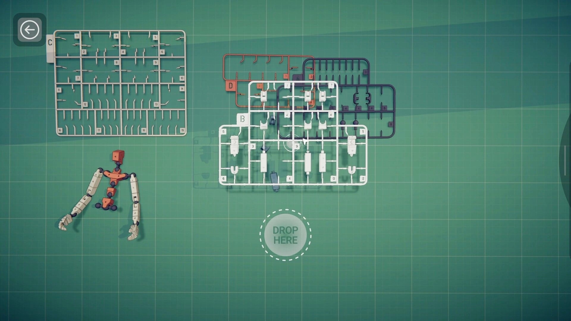 Model Kit Studio: Sprue parts and assembled robot arms on cutting mat with drop here circle UI.