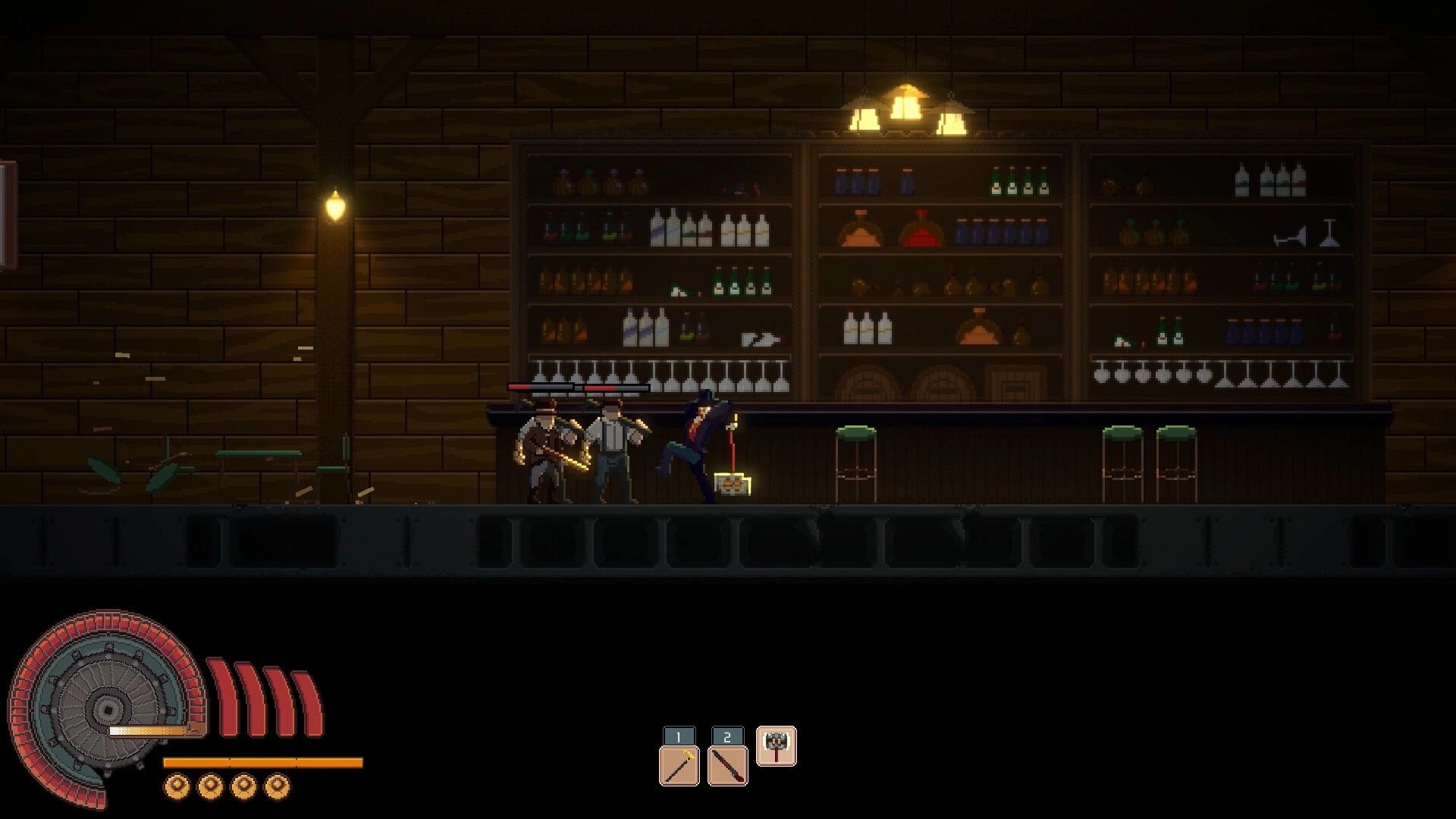 MODULE: Combat with two enemies in a dimly lit bar setting, health bars and inventory icons visible