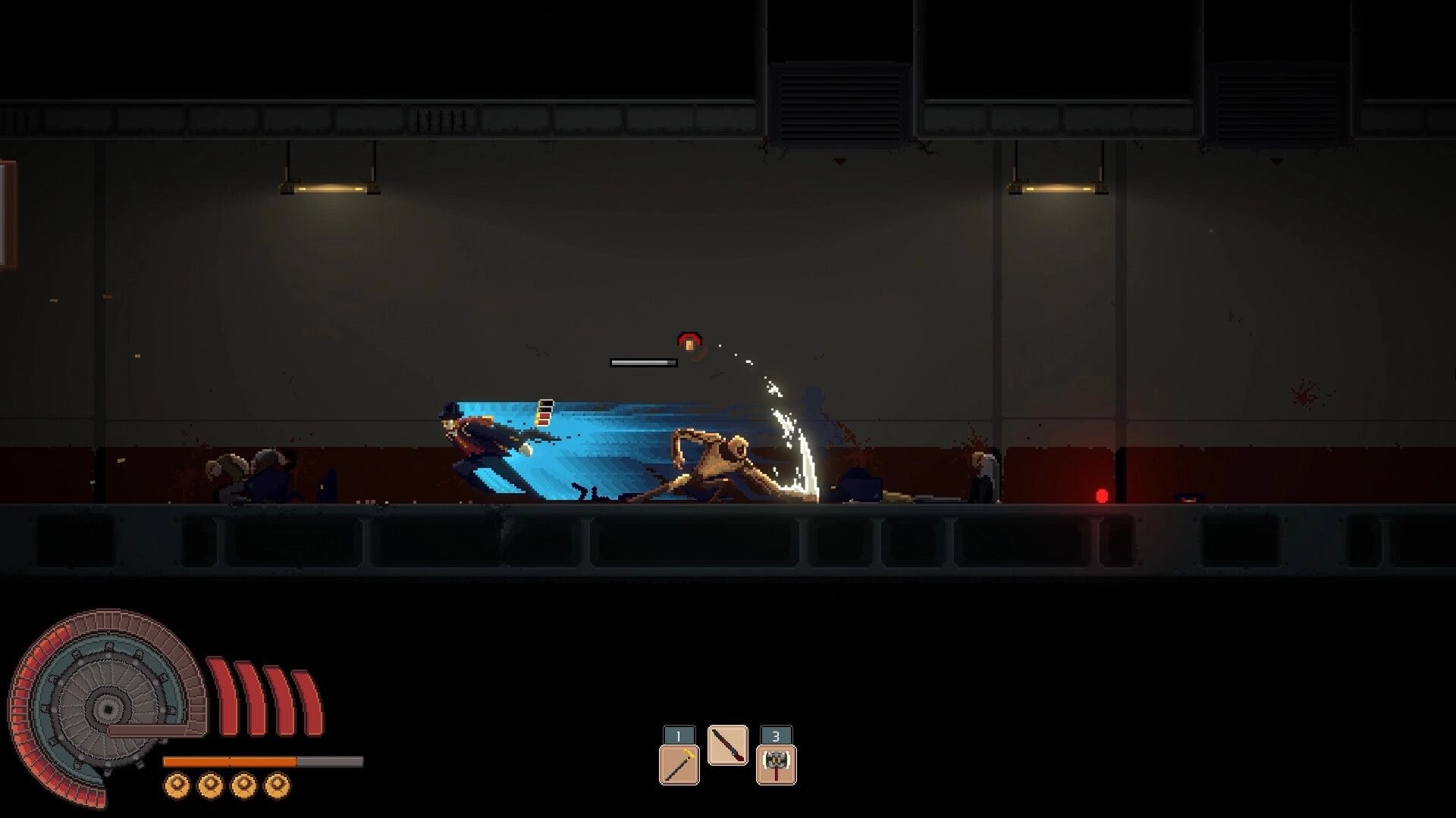 MODULE: Automaton engages enemies in a dimly lit corridor with health bar and abilities displayed.