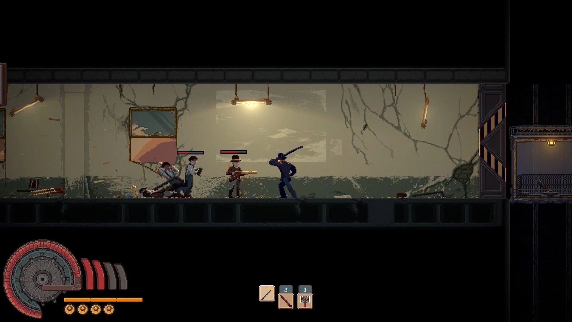 MODULE: Combat with two enemies in a dim, industrial corridor with health bars and weapon icons visible.