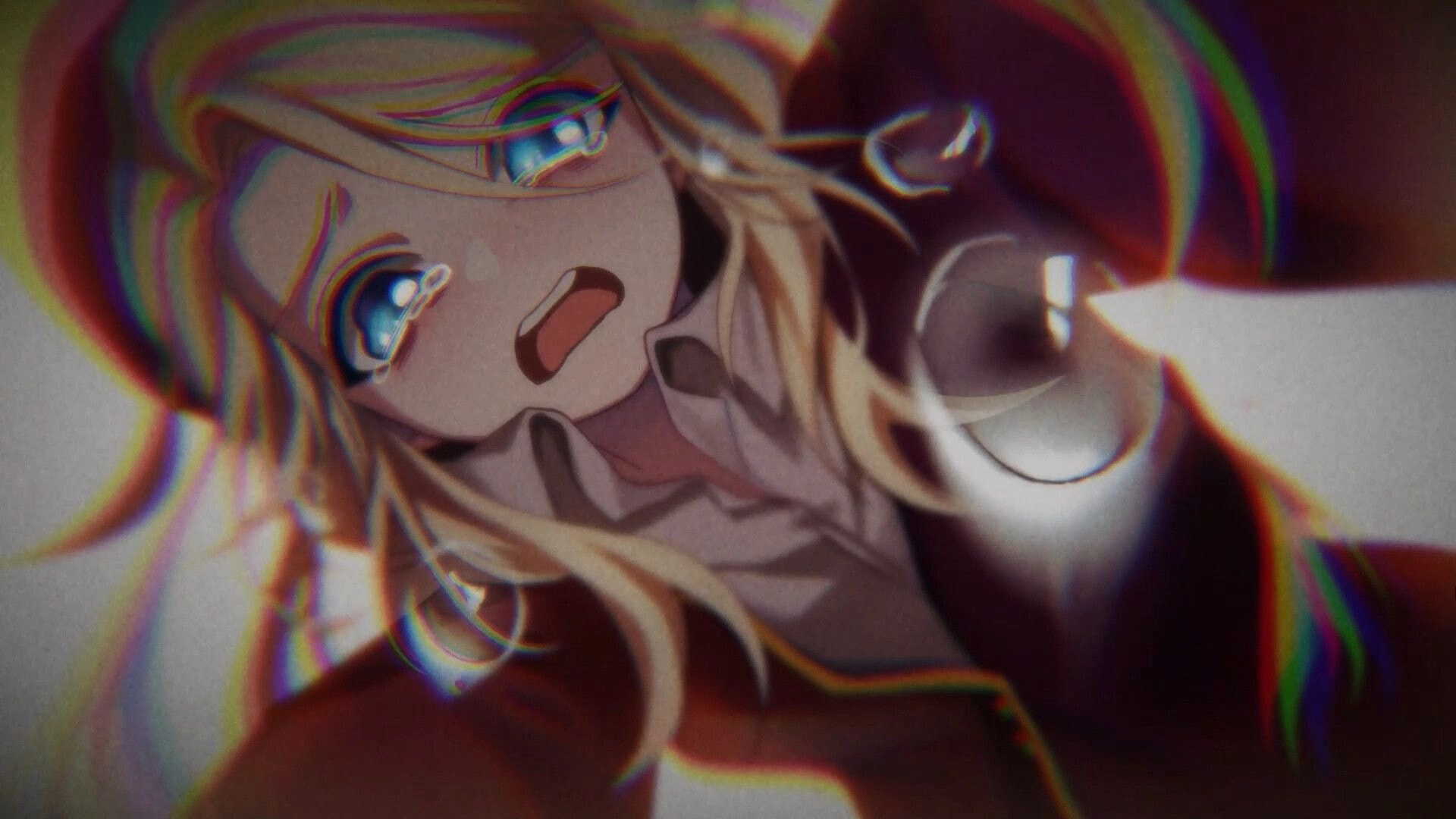 MODULE: Close-up of a distressed character with blue eyes and blonde hair, emotional expression visible