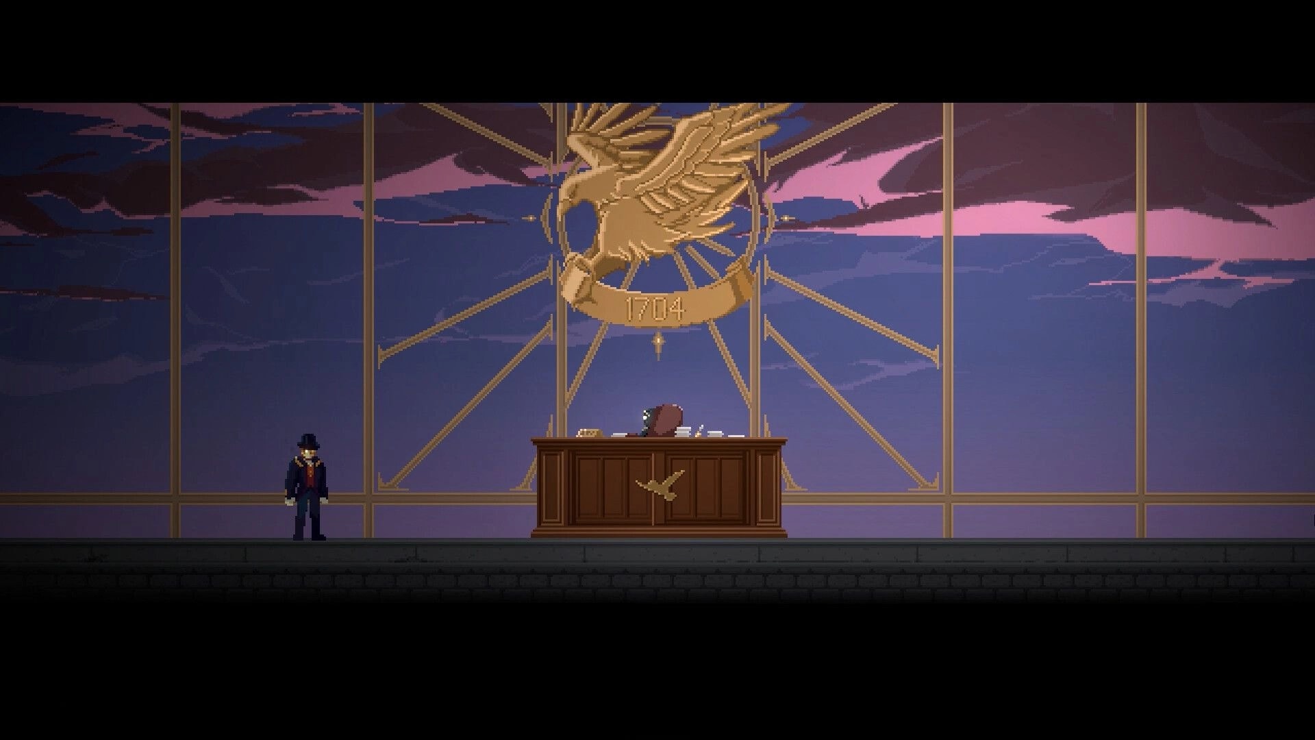 MODULE: Butler automaton stands by a grand desk under a golden eagle emblem against a twilight sky.