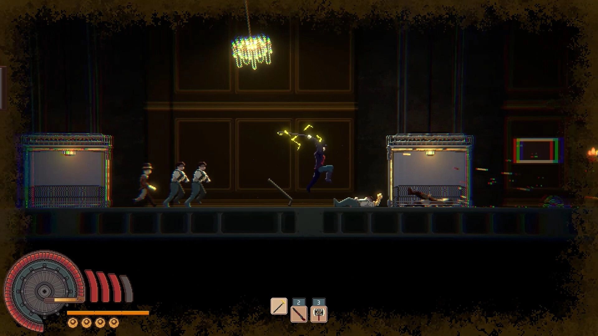 MODULE: Butler automaton fights enemies in dimly lit hallway with chandelier and health bar visible