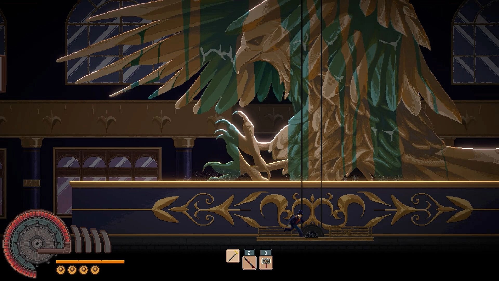 MODULE: Butler automaton pulls lever beneath giant bird statue in ornate hall with health gauge visible