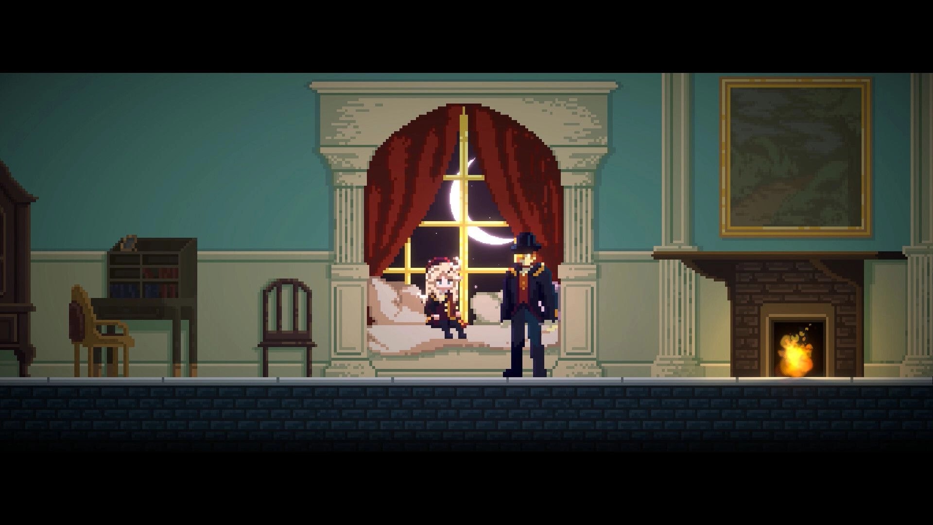 MODULE: Automaton butler stands by moonlit window with lady in elegant room with fireplace