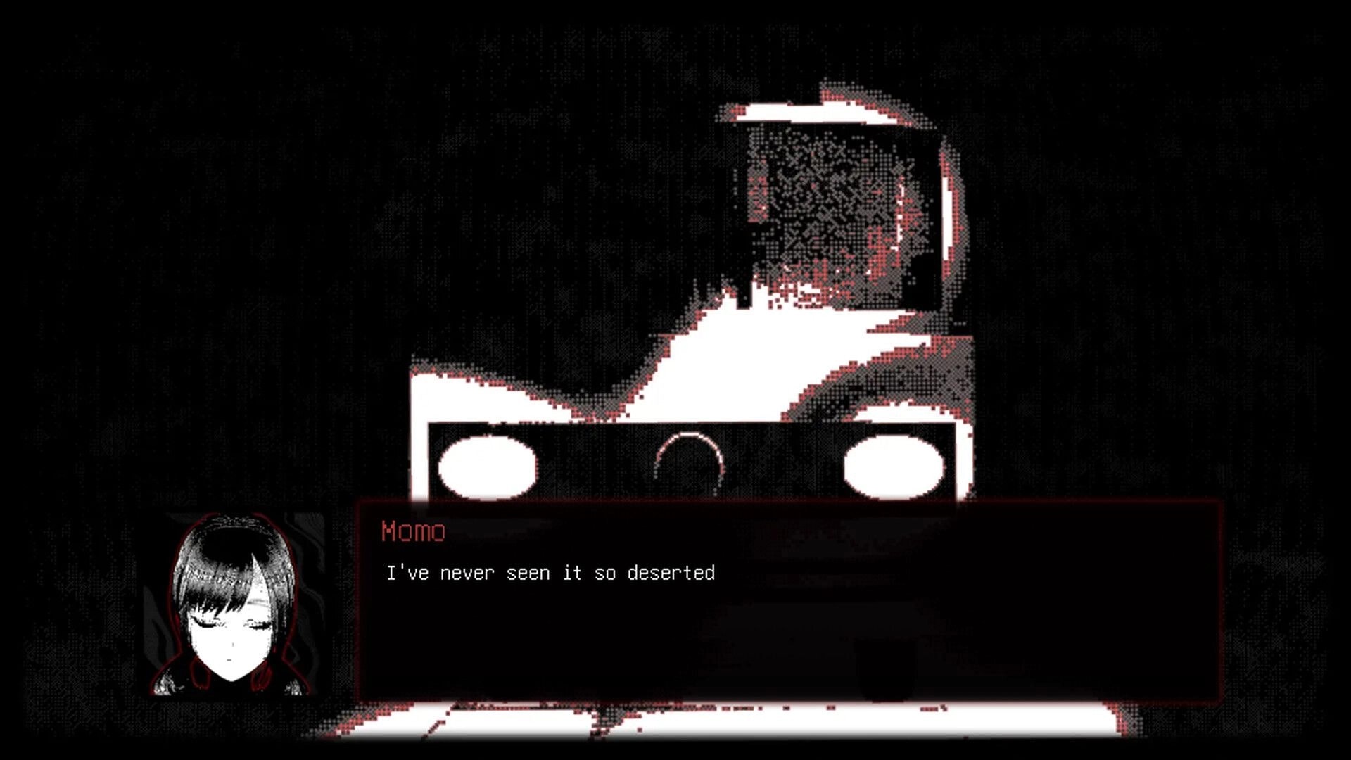 Momo Don’t Leave: Momo dialogue box over grainy car headlights at night, portrait left, deserted road scene.
