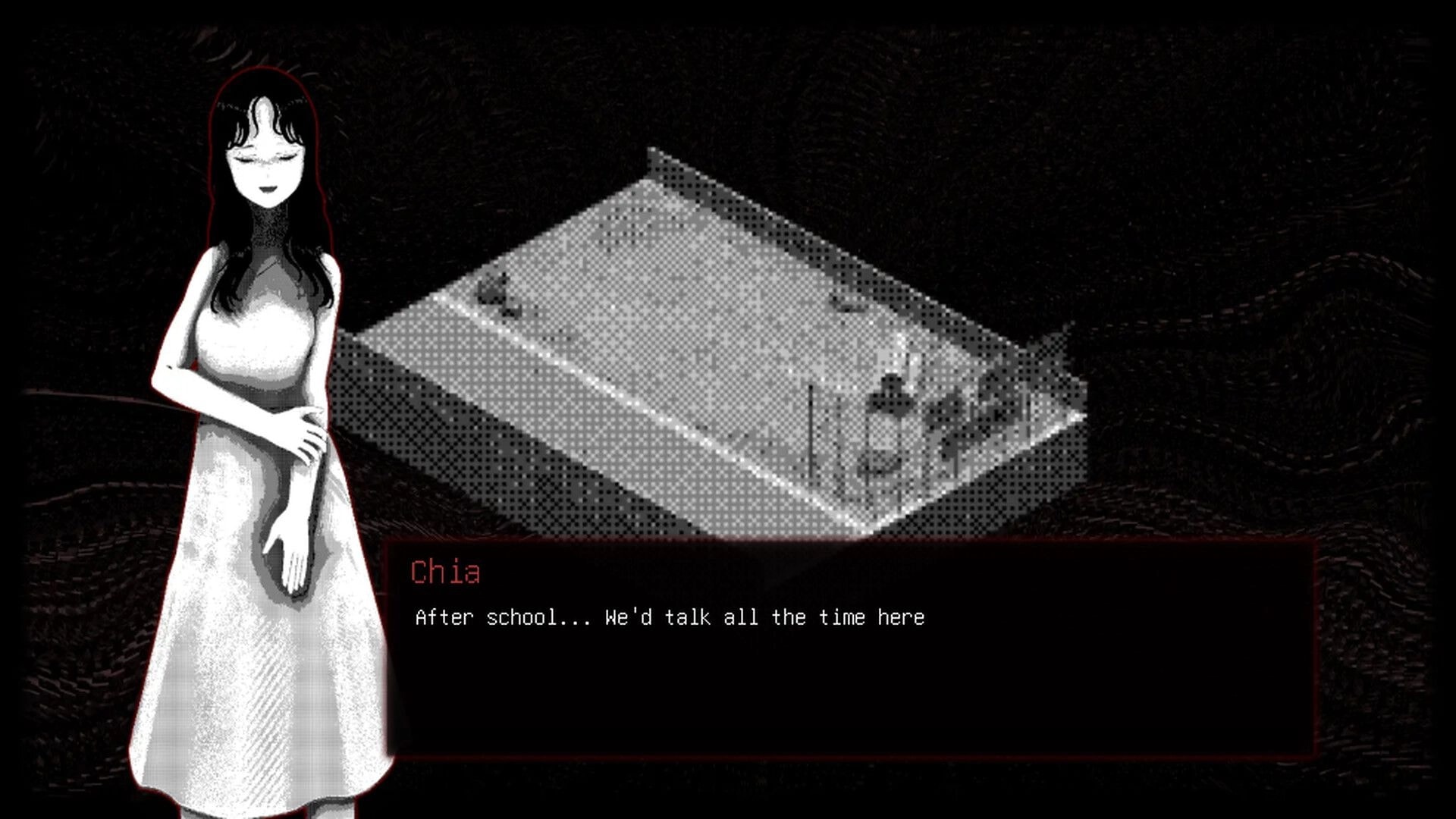 Momo Don’t Leave: Chia portrait beside dialogue box, isometric park scene with path and lampposts.