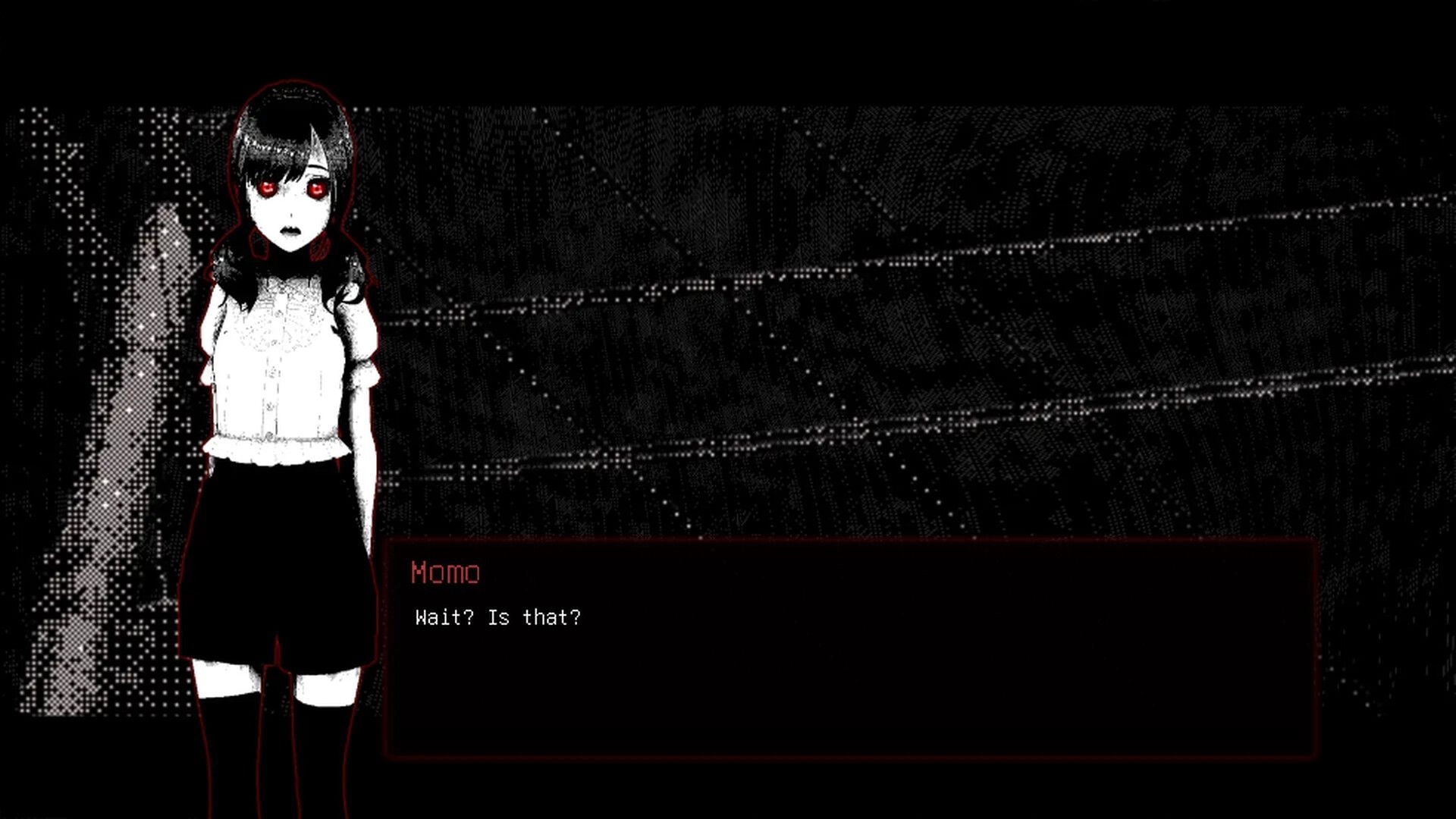 Momo Don’t Leave: Momo sprite with red eyes beside dialogue box in glitchy monochrome street scene.