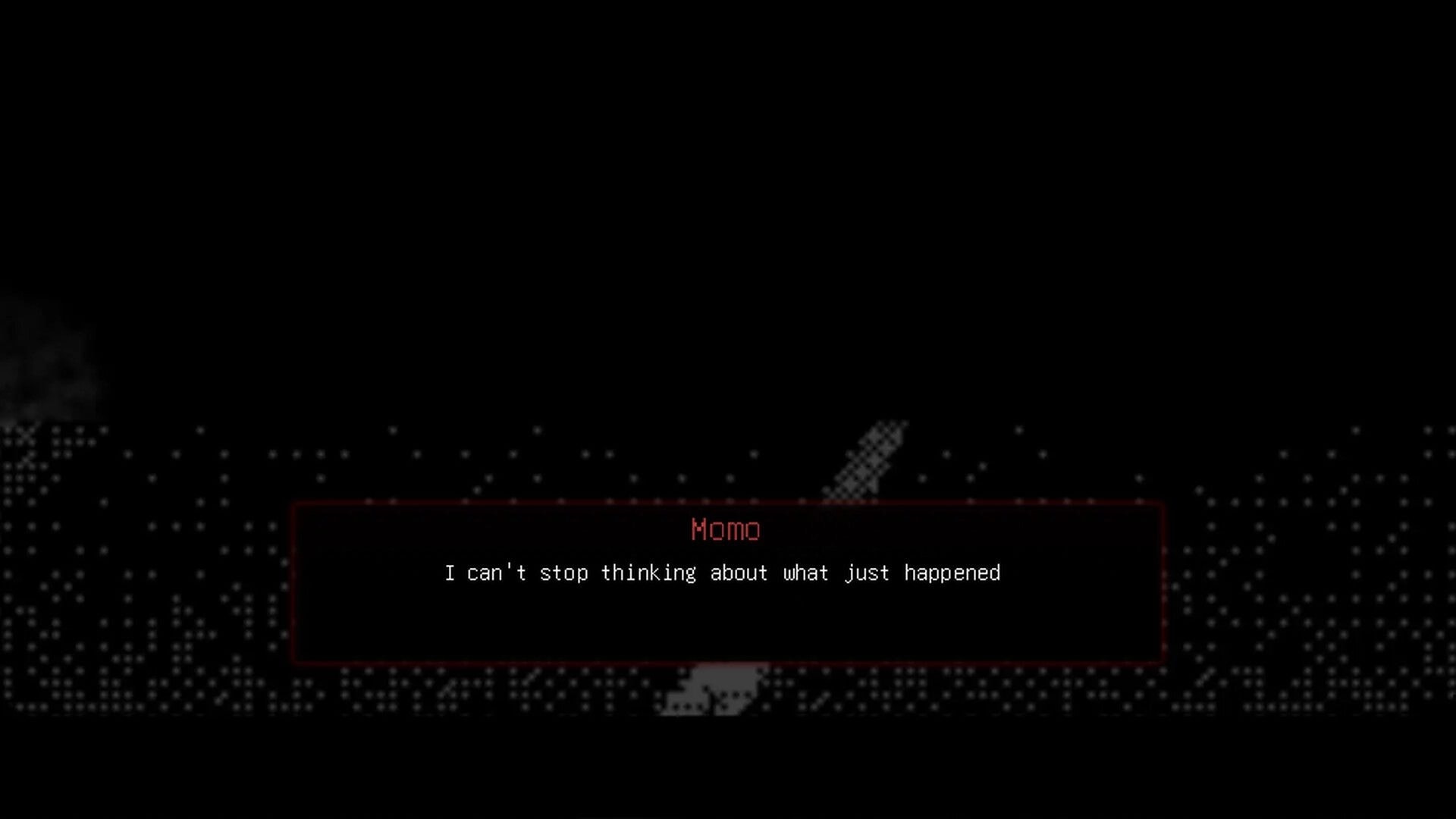 Momo Don’t Leave: Dialogue box with Momo’s text over a dark, pixelated night scene outdoors.