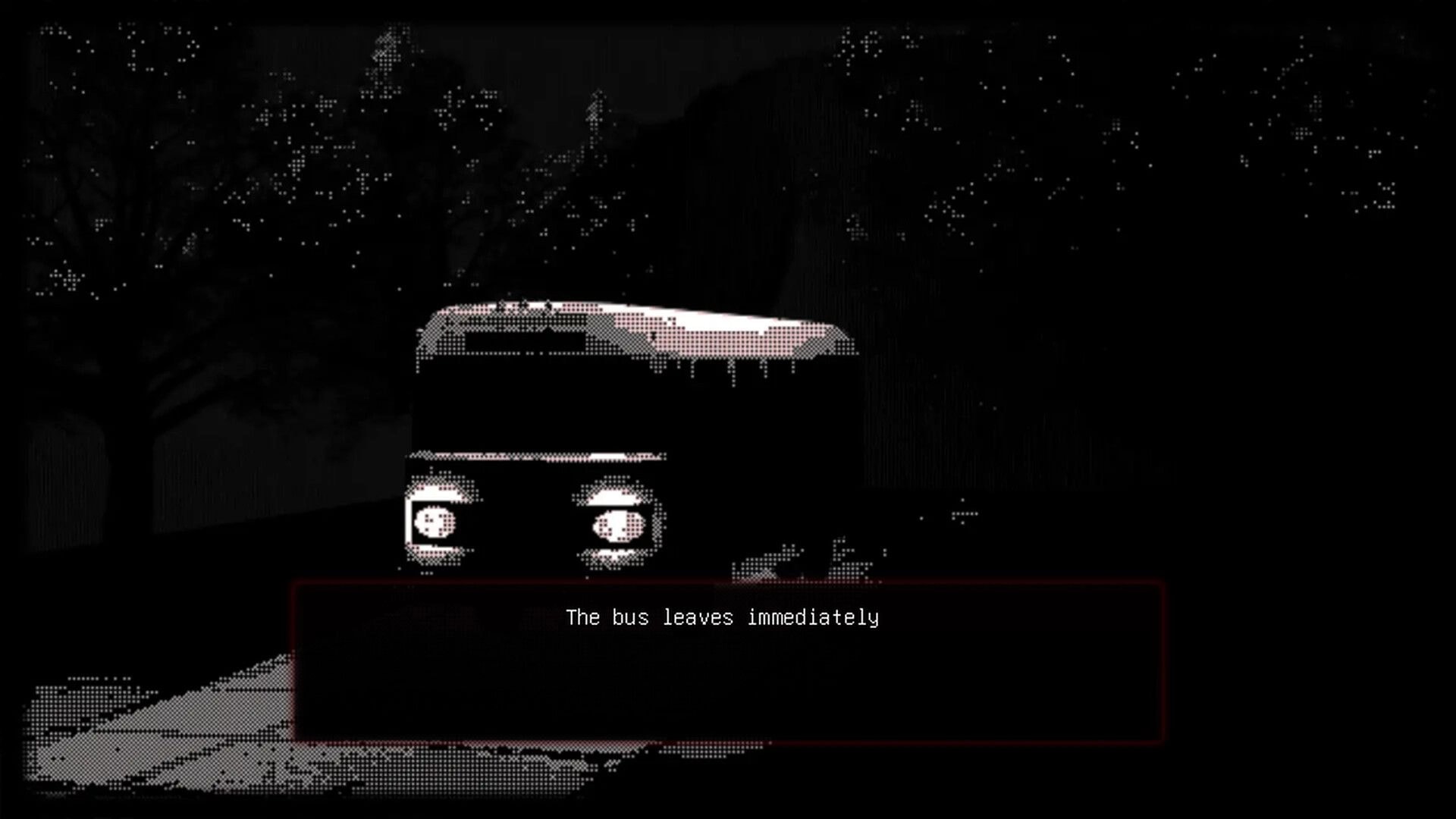 Momo Don’t Leave: Pixel bus idling in a dark forest road, dialogue box reads “The bus leaves immediately”.