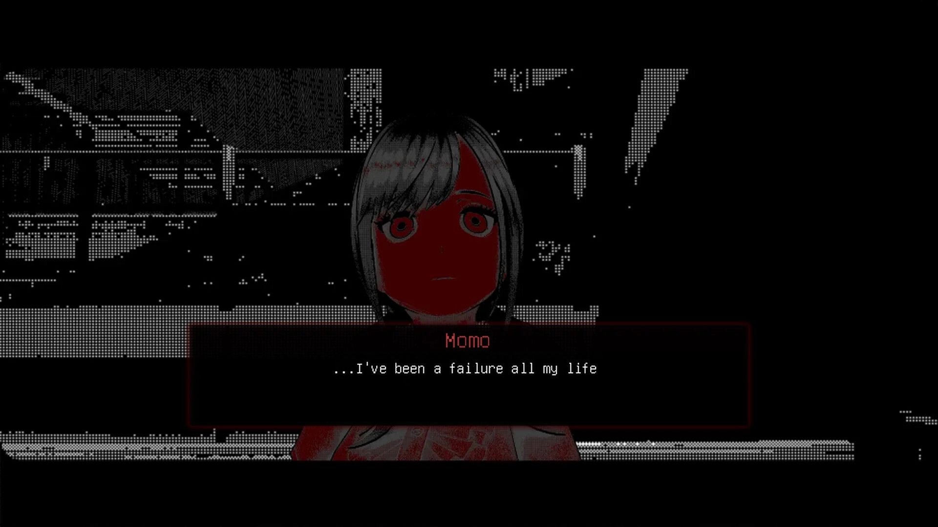 Momo Don’t Leave: Momo close-up with dialogue box, glitchy monochrome street background at night.