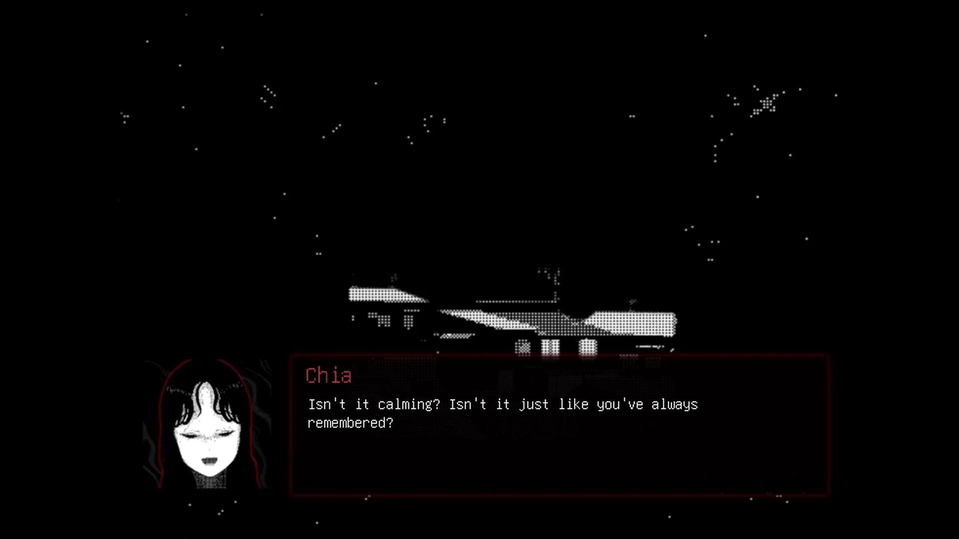 Momo Don’t Leave: Chia dialogue box over starry night town silhouette with her portrait in UI panel.