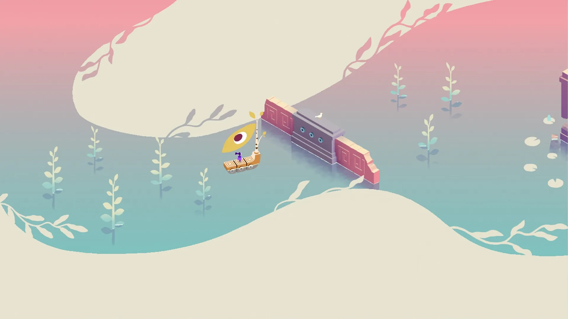 Monument Valley 3: Noor sails a small boat through calm waters towards a mysterious stone gate.