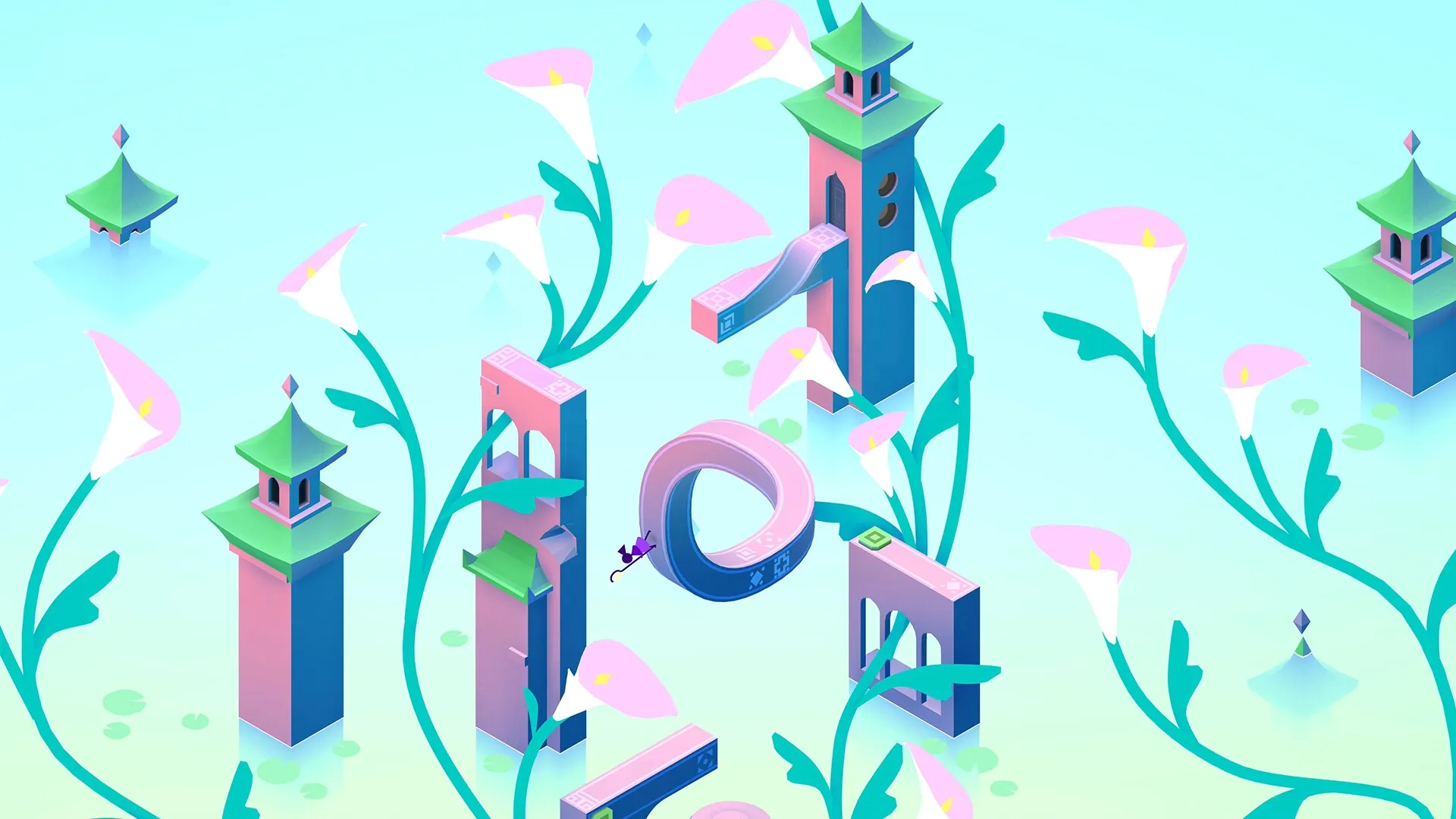 Monument Valley 3: Noor navigates twisting pathways among towering structures and giant blooming flowers