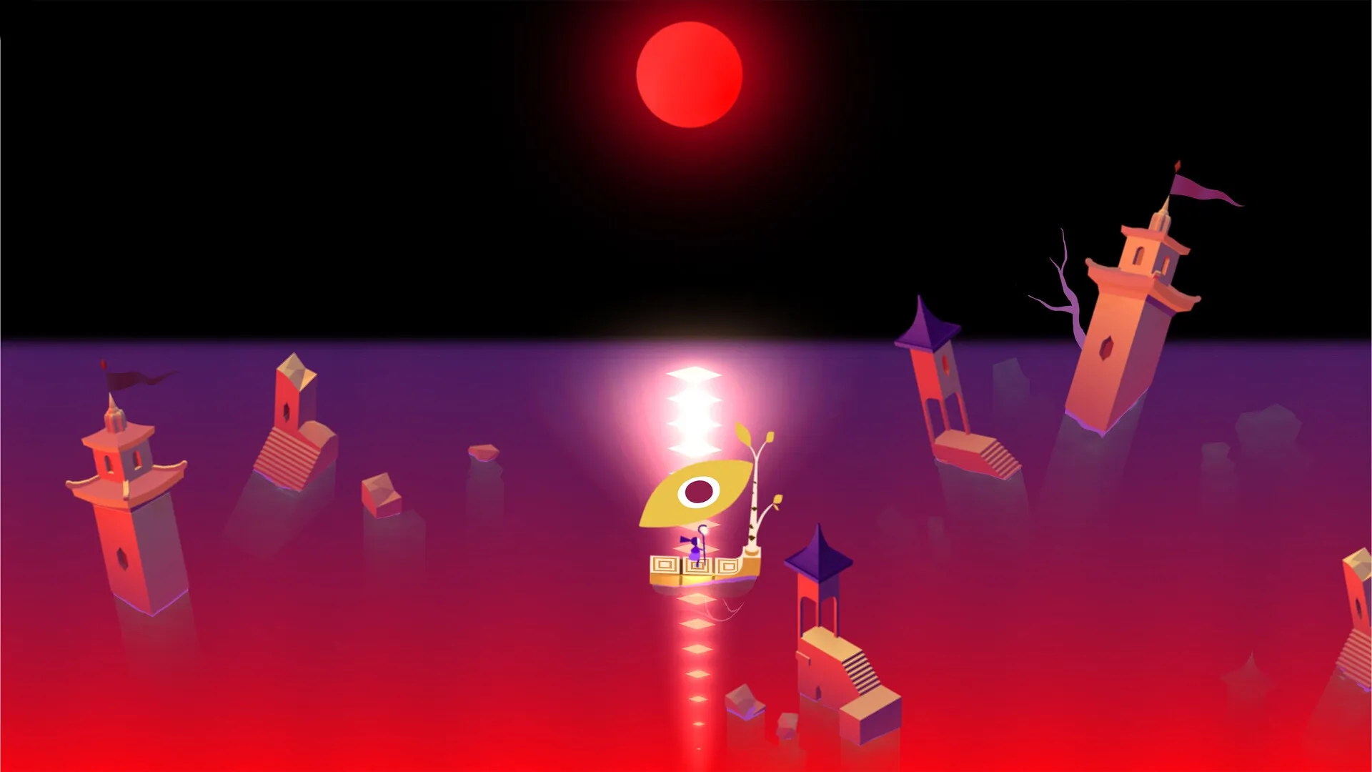 Monument Valley 3: Noor sails through a surreal sea past tilting towers under a glowing red sun.