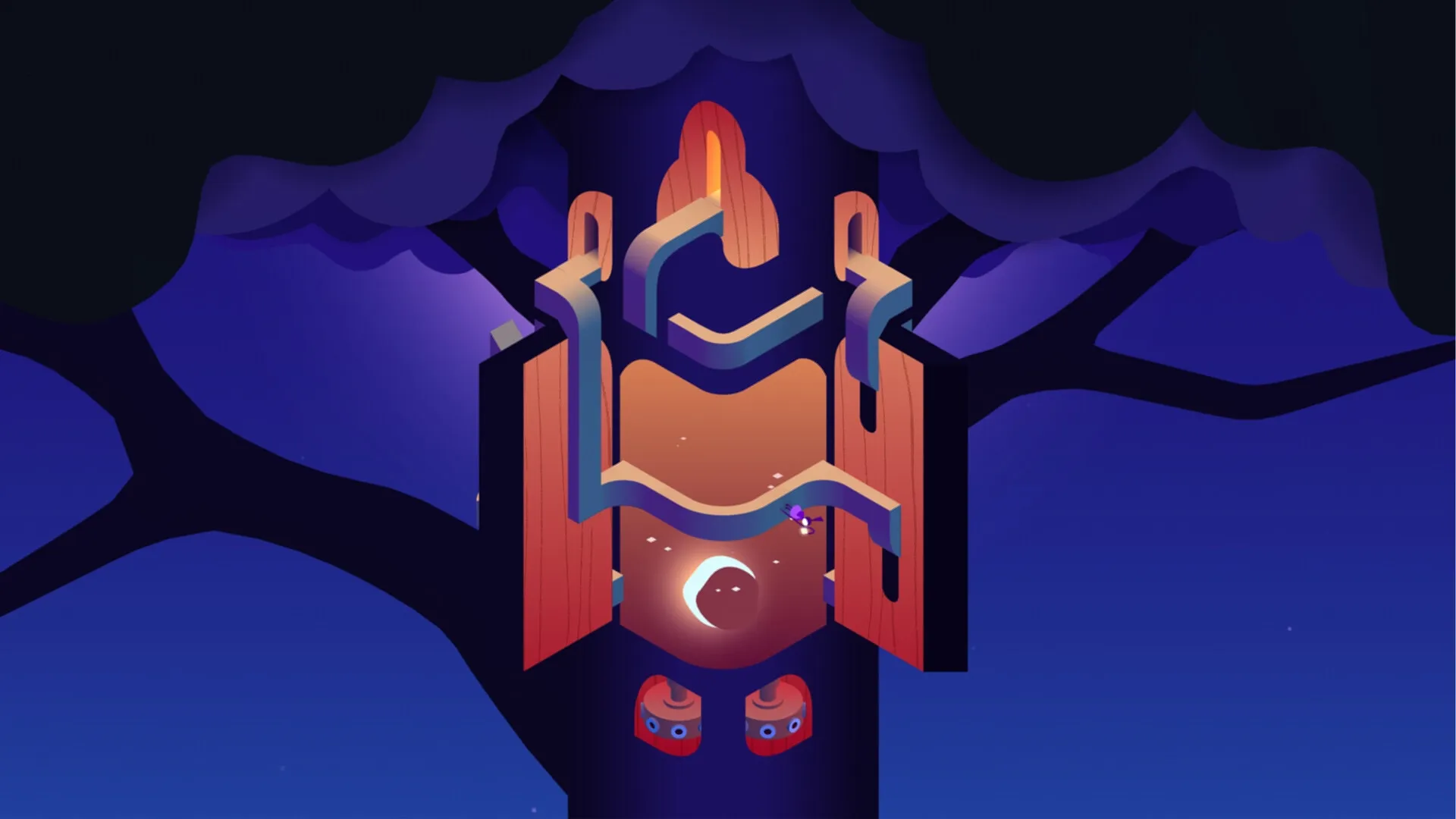 Monument Valley 3: Noor navigates a twisting path atop a giant tree under a crescent moonlit sky.