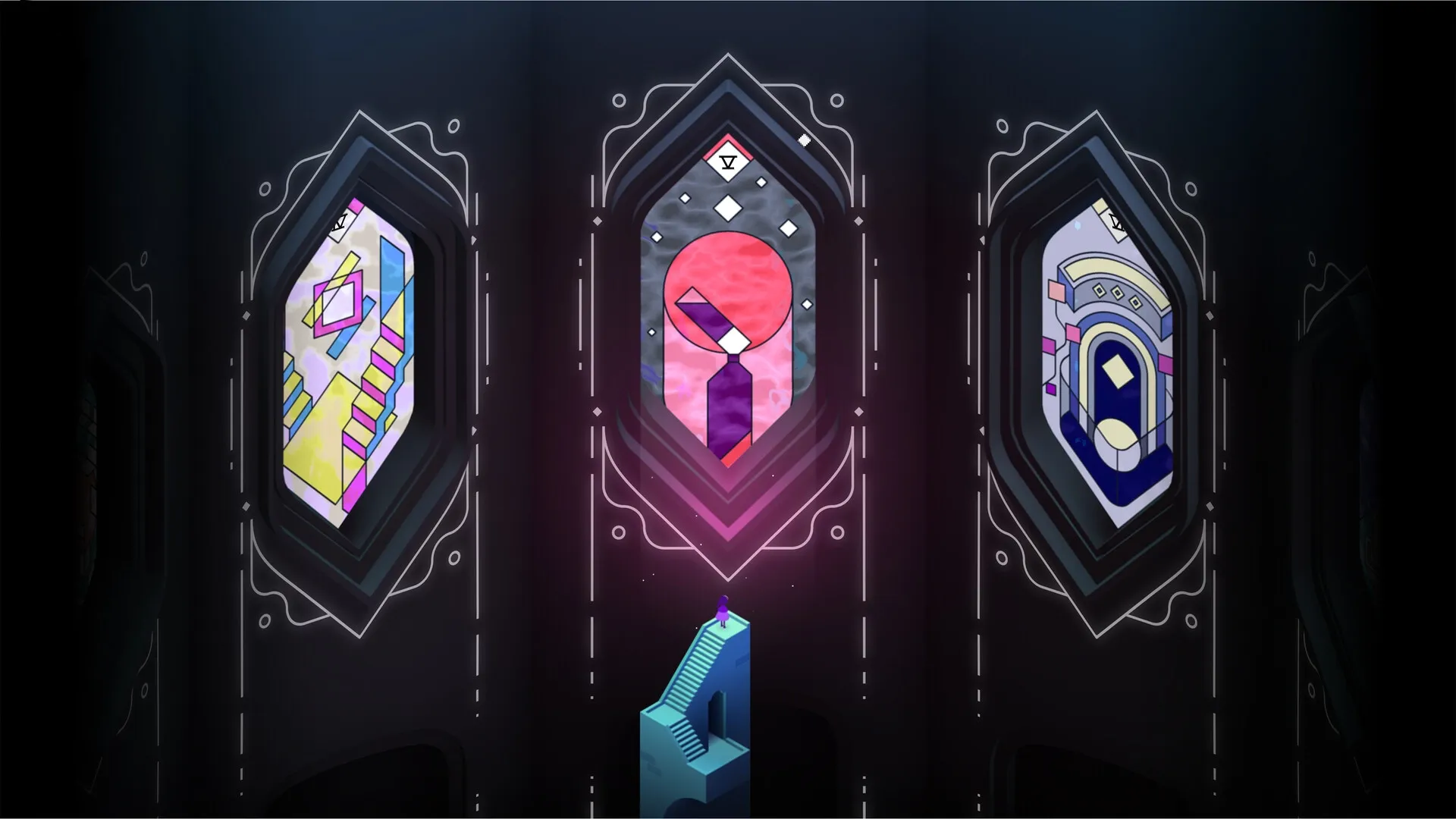Monument Valley 3: Noor stands on a staircase beneath three ornate stained glass panels in a dark hall.