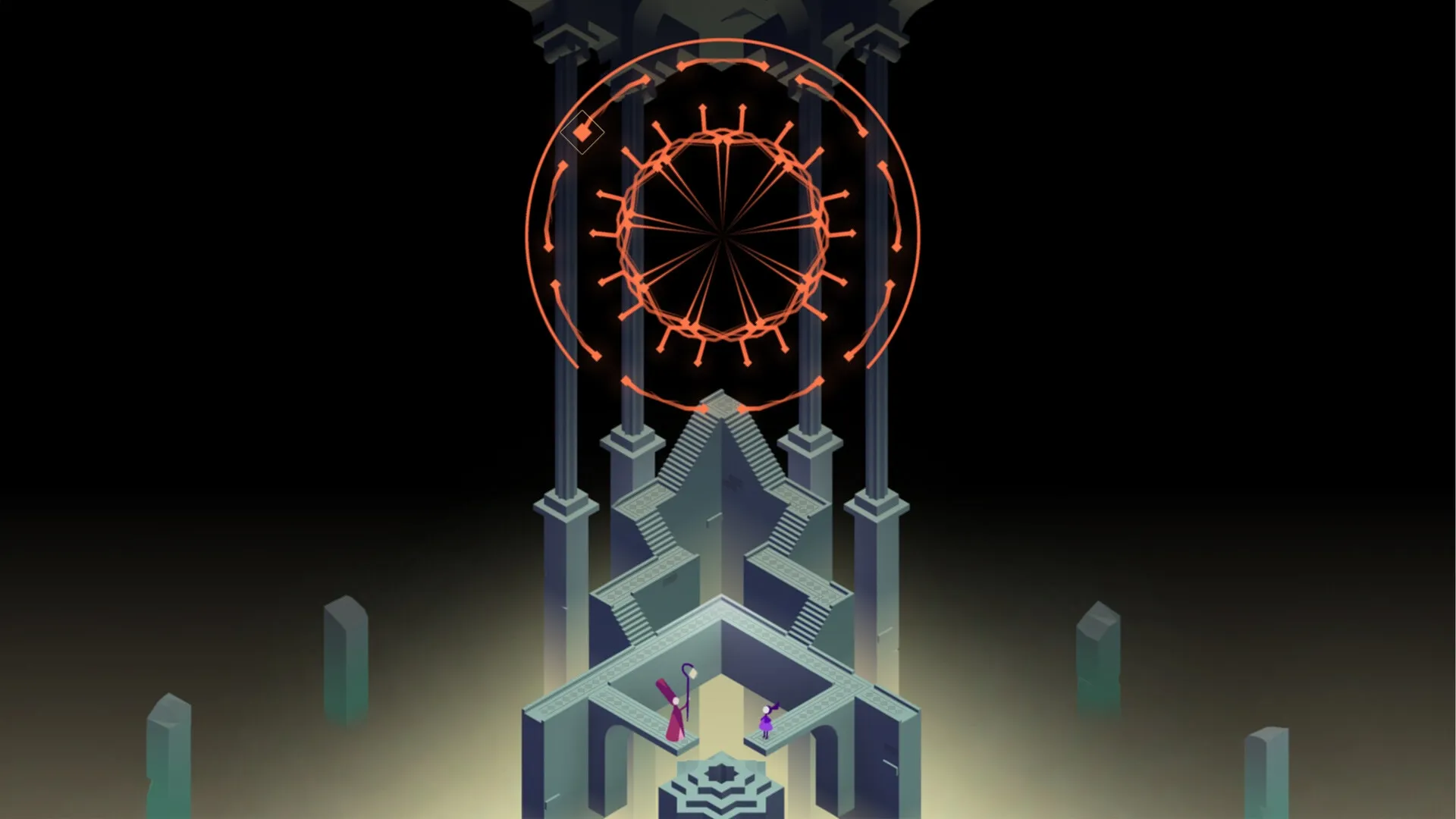 Monument Valley 3: Noor and companion navigate intricate staircase beneath glowing orange ring pattern
