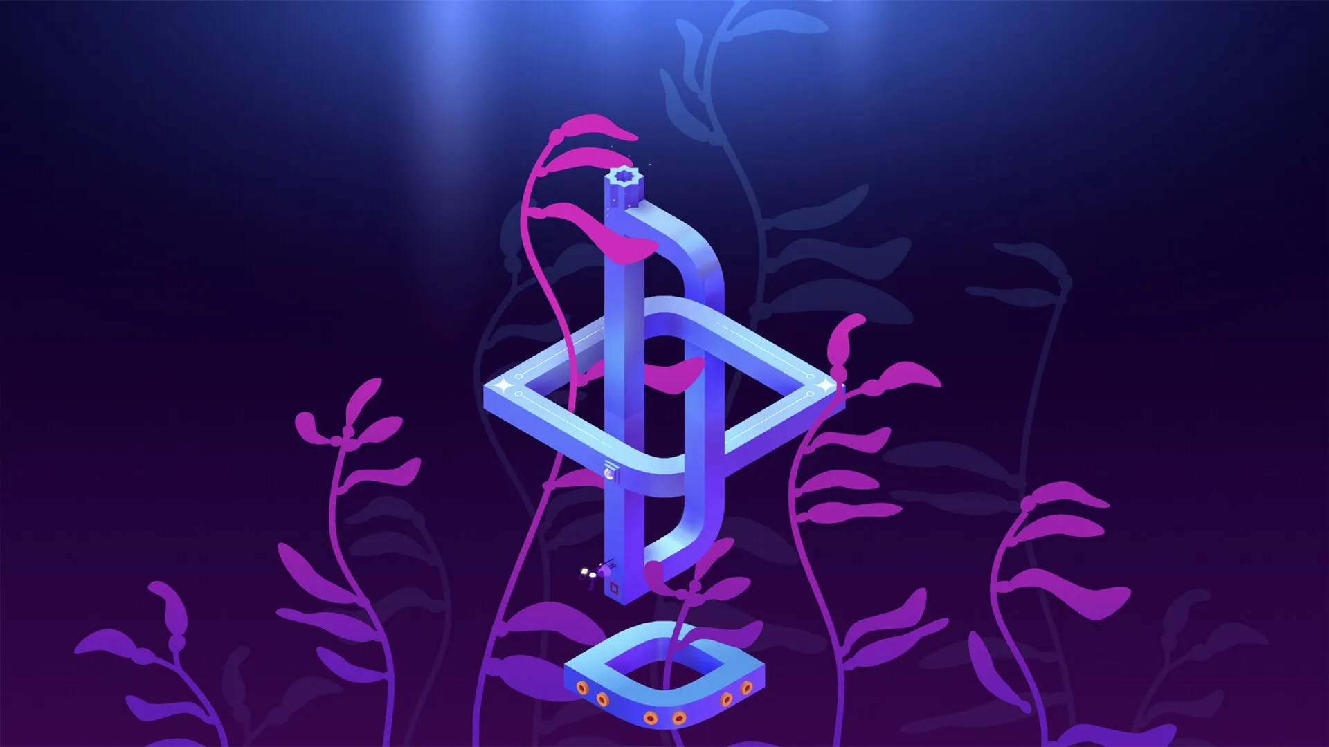 Monument Valley 3: Twisting pathways with vibrant plants in an atmospheric, surreal puzzle environment