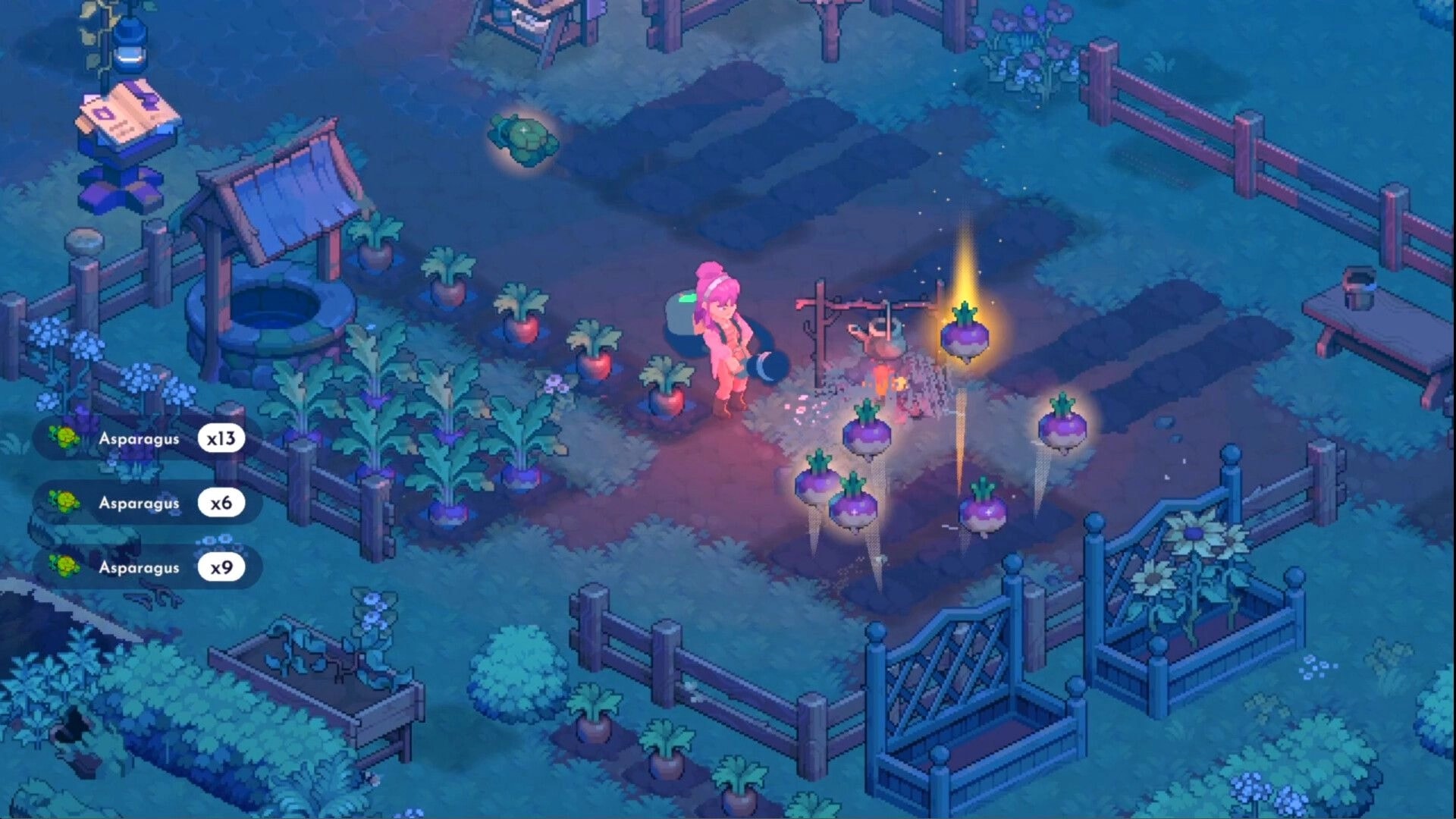 Moonfrost: Pink-haired farmer waters crops as turnips pop up, fenced garden at night with UI counts.