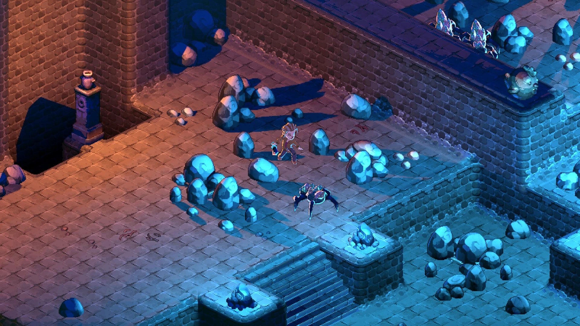 Moonfrost: Player character faces a spider-like creature in a stone ruin courtyard with glowing crystals.