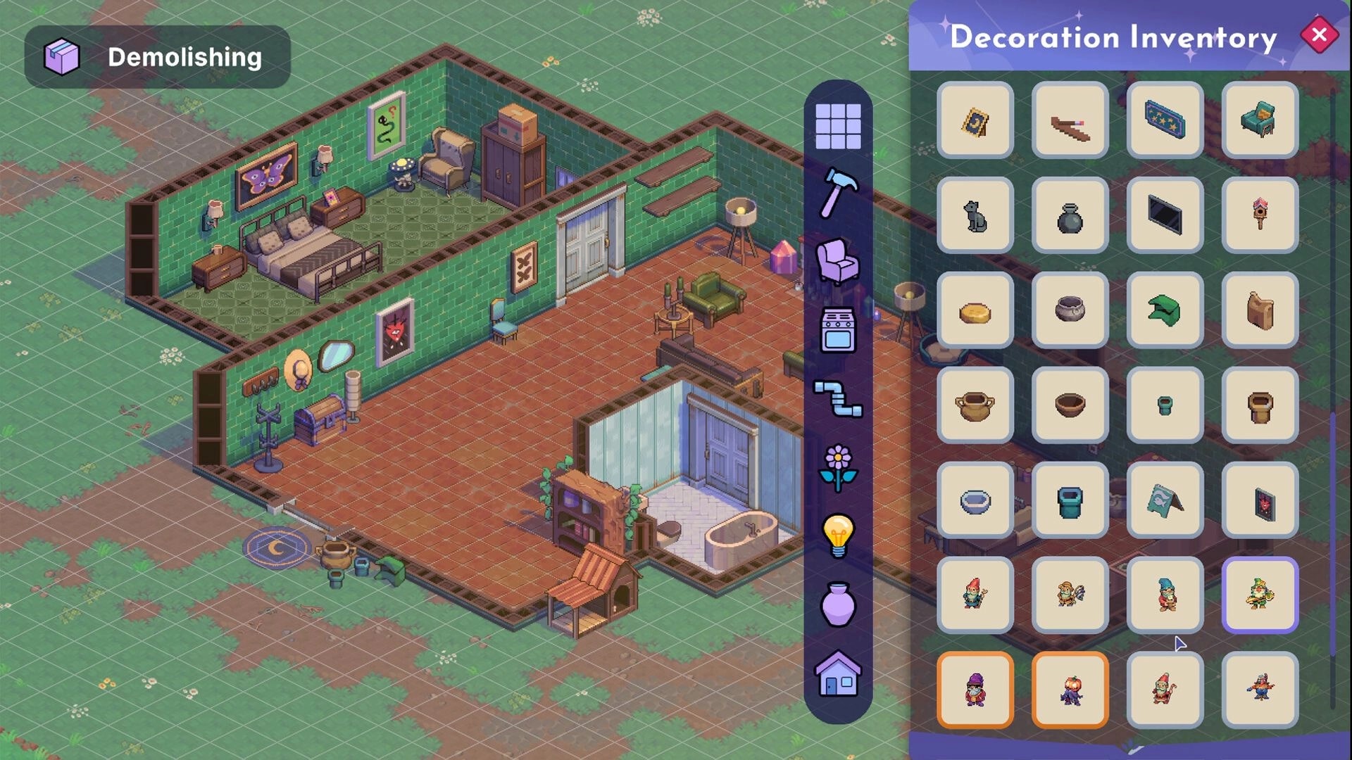 Moonfrost: Decoration Inventory open in demolishing mode over an isometric house interior build view.