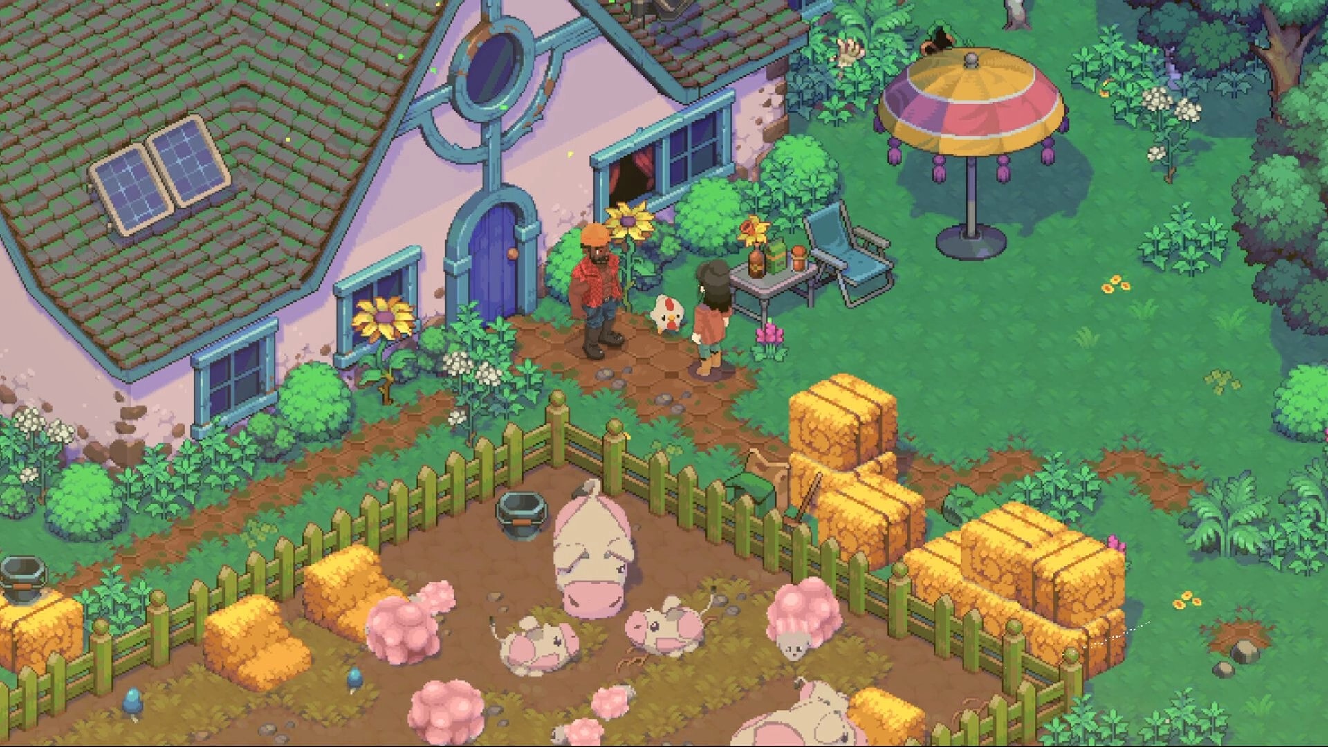 Moonfrost: Two villagers chat by a cottage and patio table beside a fenced pen of fluffy pigs and hay bales.