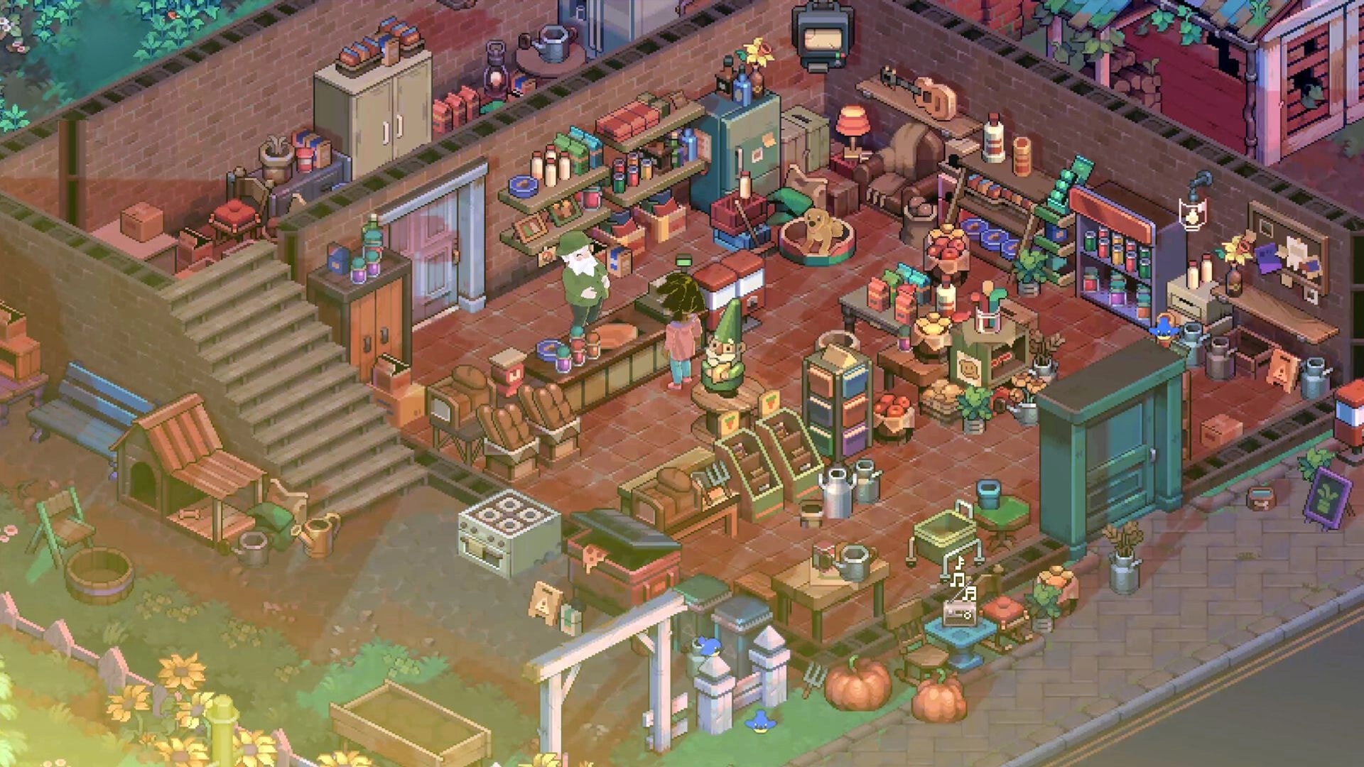 Moonfrost: Player chats with shopkeeper at a cluttered general store packed with shelves and crates.