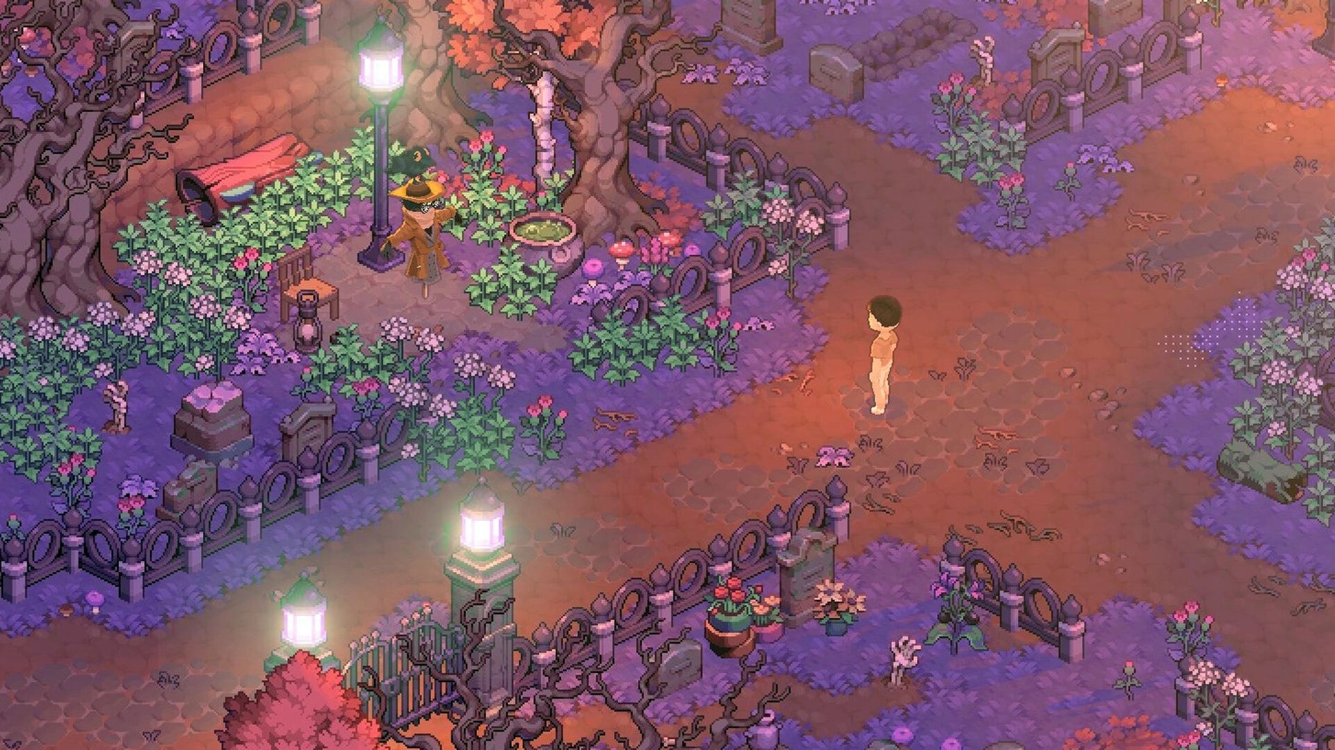 Moonfrost: Player character stands on a path by lamplit graveyard fences, flowers, and benches at dusk.
