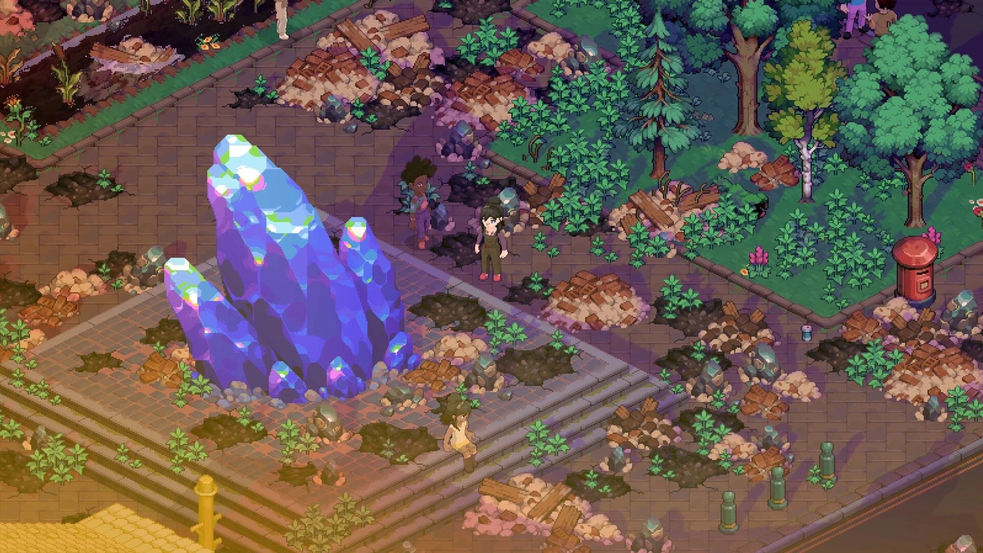 Moonfrost: Player explores a ruined plaza with giant glowing crystal spires, weeds, rubble, and trees.