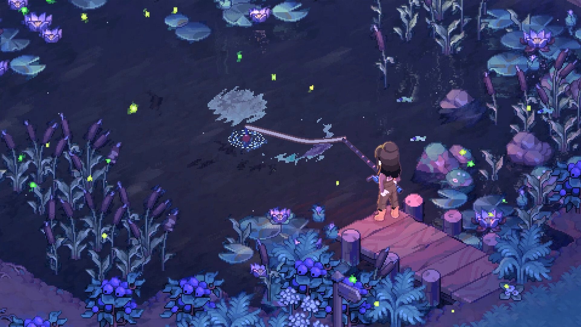Moonfrost: Player fishing with rod from a wooden dock at night, lilies and fireflies on a pond.