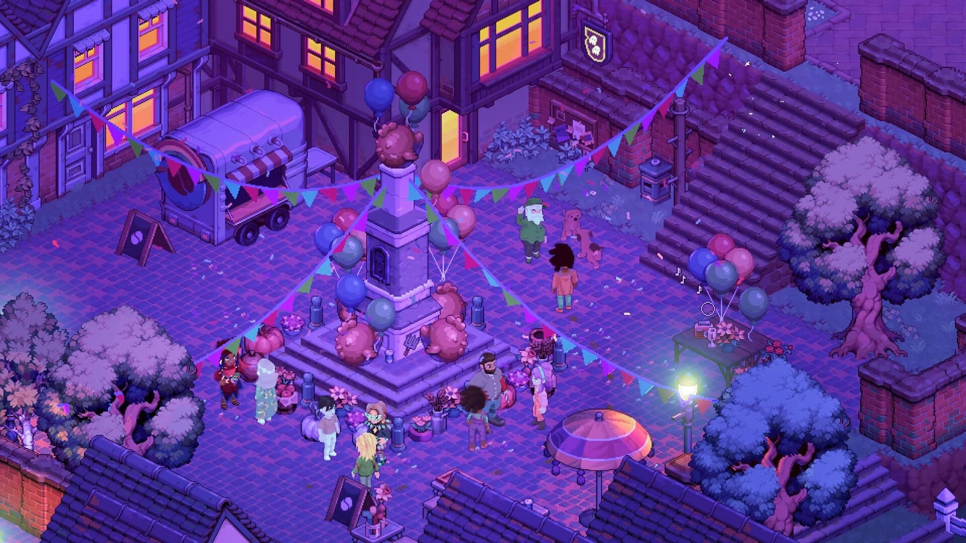 Moonfrost: Town square festival with balloons and bunting around a statue, villagers mingling at dusk.
