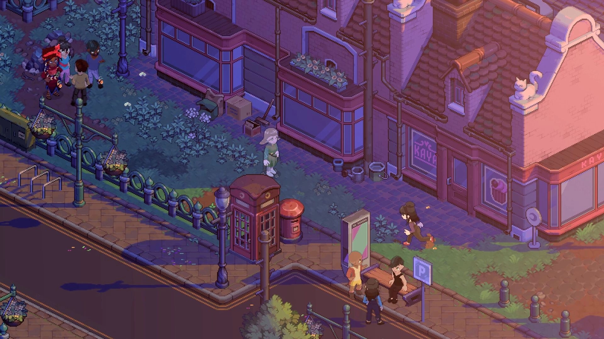 Moonfrost: Villagers chat and stroll by a corner shop at dusk with phone booth, benches, and railings.