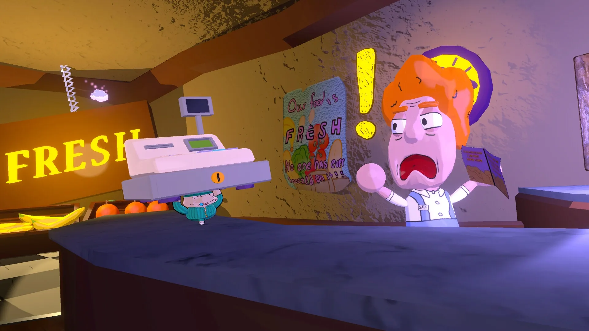 Mr. Sleepy Man: Chaos in grocery store with cashier shocked by floating cash register and flying produce