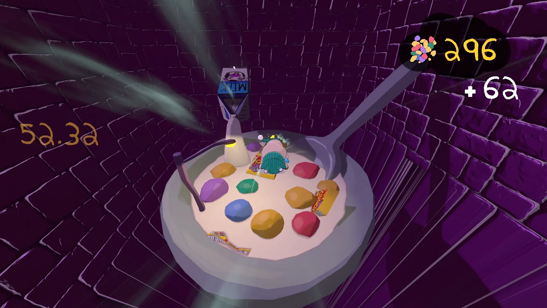 Mr. Sleepy Man: Navigating a giant cereal bowl with colorful candies in a purple tiled tunnel