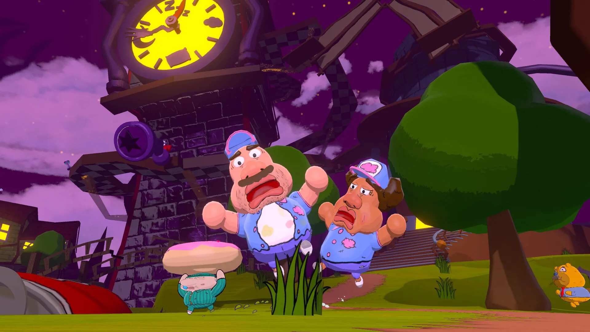 Mr. Sleepy Man: Chaos in Bedtime Town with clock tower looming and characters in comical panic