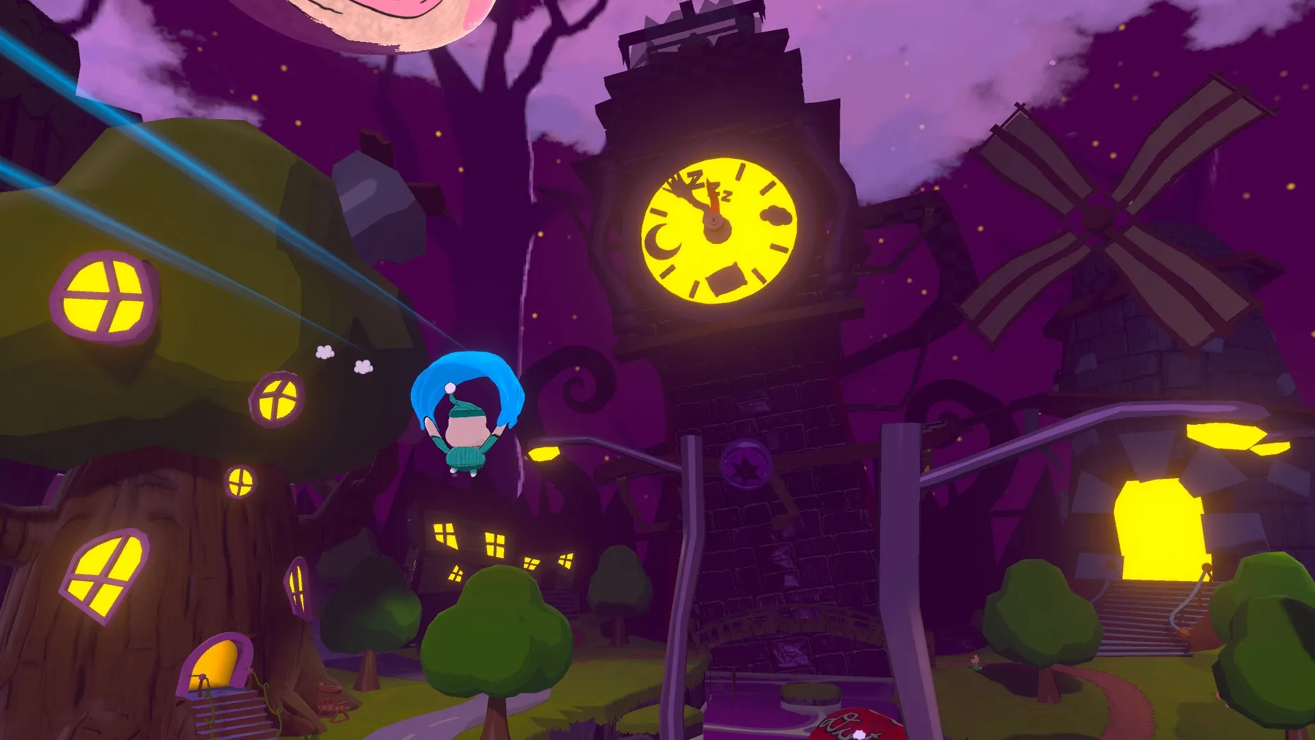 Mr. Sleepy Man: Floating near giant clock tower in whimsical nighttime village with glowing windows
