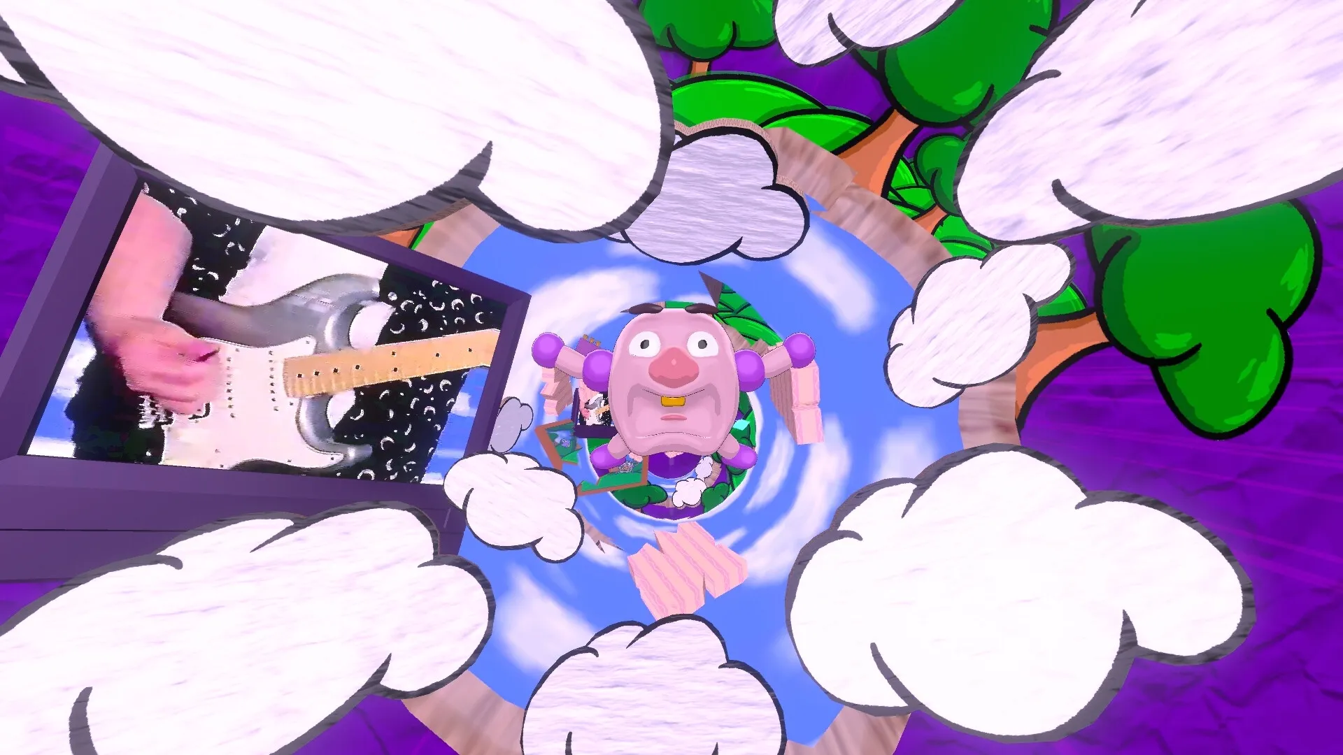 Mr. Sleepy Man: Cartoon character spiraling through clouds and trees with a TV showing guitar playing