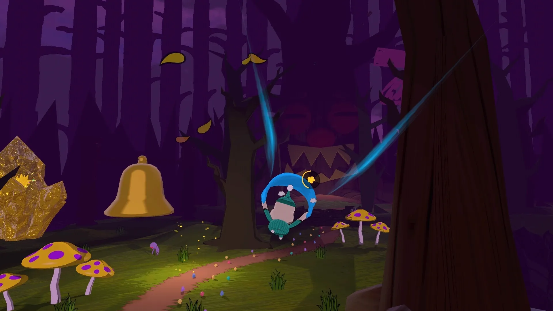 Mr. Sleepy Man: Character flying over forest path with giant bell and colorful mushrooms visible