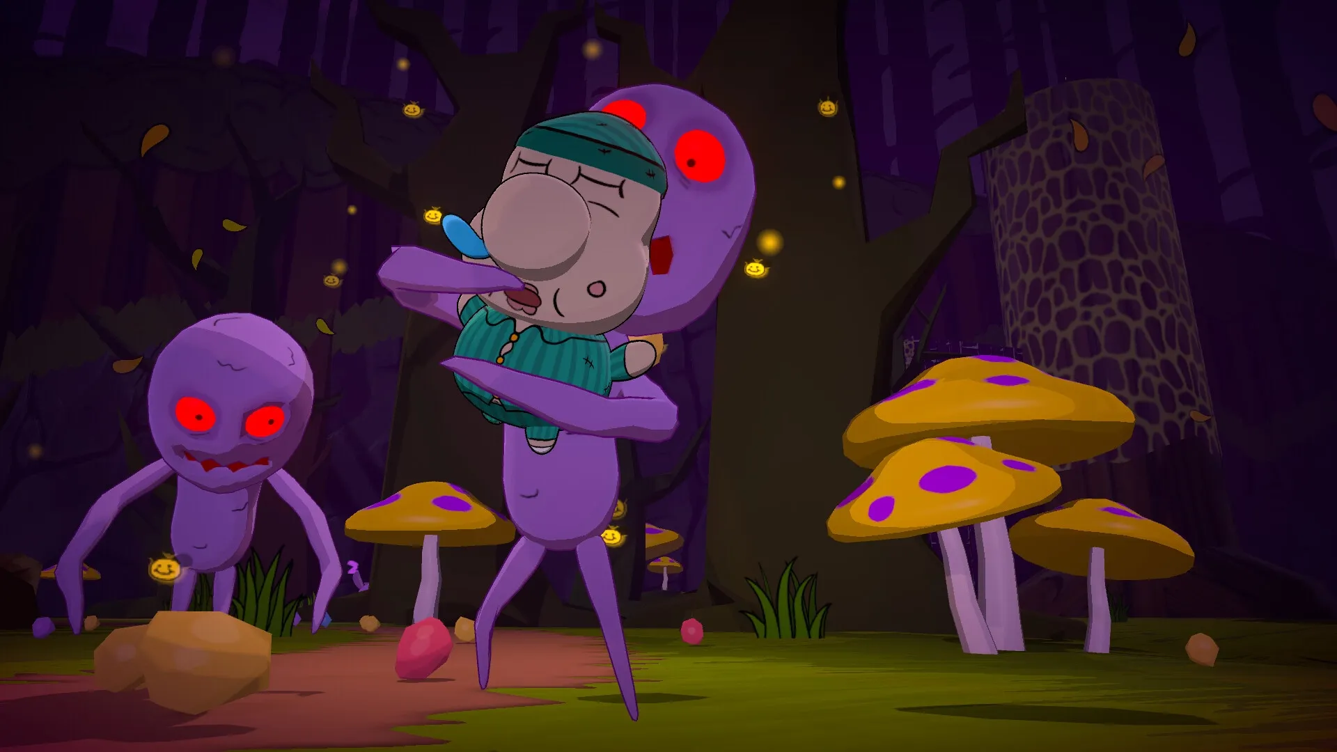 Mr. Sleepy Man: Sleepy character carried by purple creatures in a dark forest with glowing mushrooms